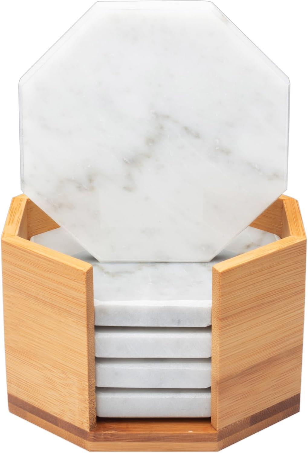 D'Eco White Carrara Marble Coasters w/ Bamboo Holder - Set of 5 - Tabletop Protection- Fits Any Size Wine Glass, Cup, Mug - Great Mother's Day Gift