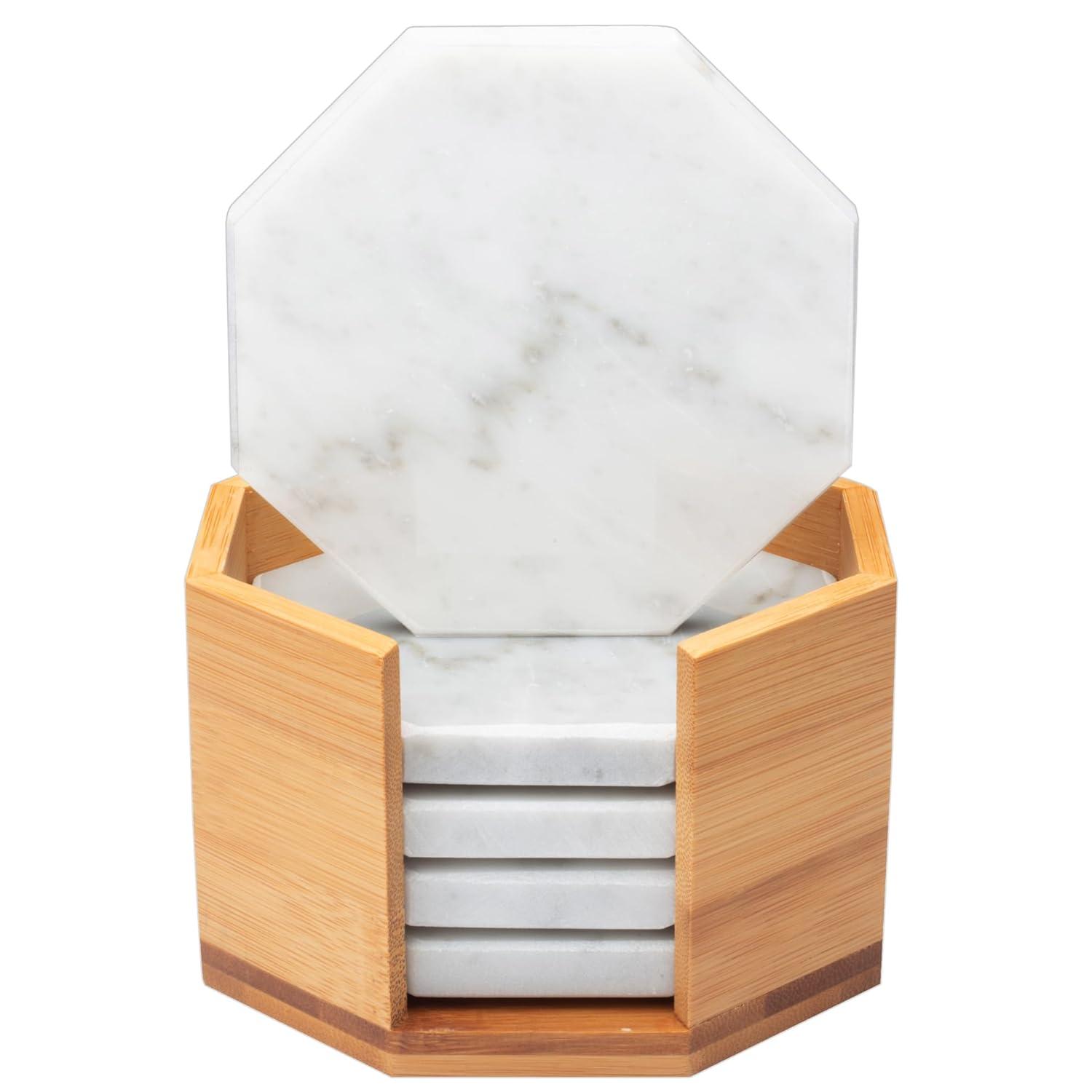 D'Eco White Carrara Marble Coasters w/ Bamboo Holder - Set of 5 - Tabletop Protection- Fits Any Size Wine Glass, Cup, Mug - Great Mother's Day Gift