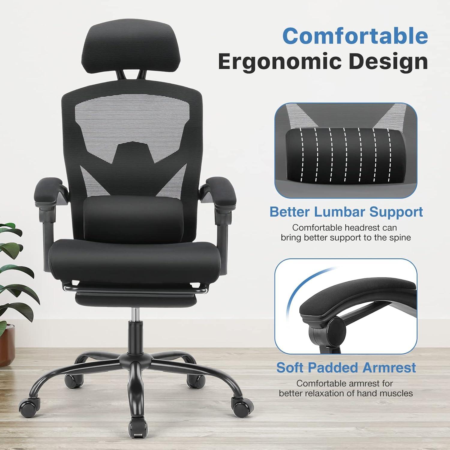 High Back Dark Black Mesh Executive Office Chair with Footrest