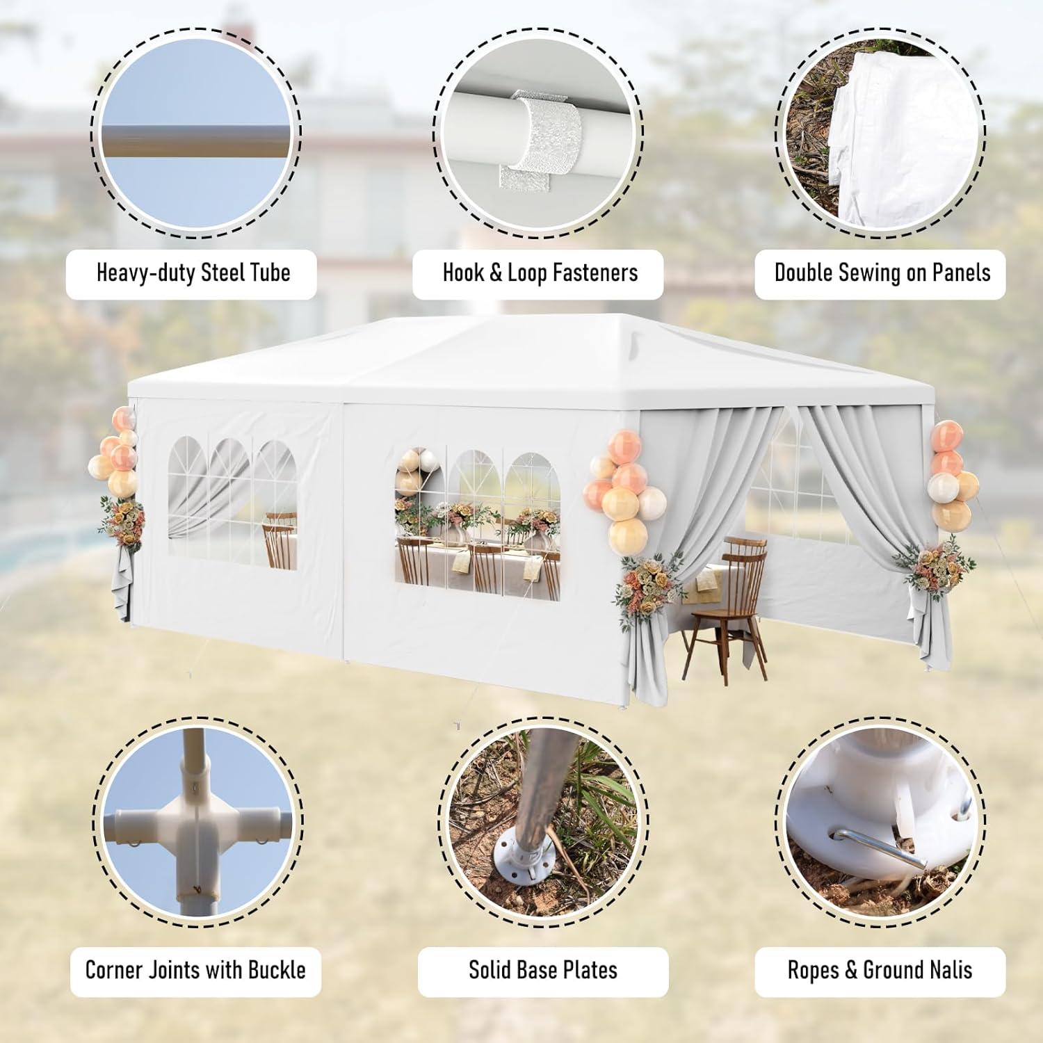 10'x20' Outdoor Party Tent with 6 Removable Sidewalls, Waterproof Canopy Patio Wedding Gazebo, White