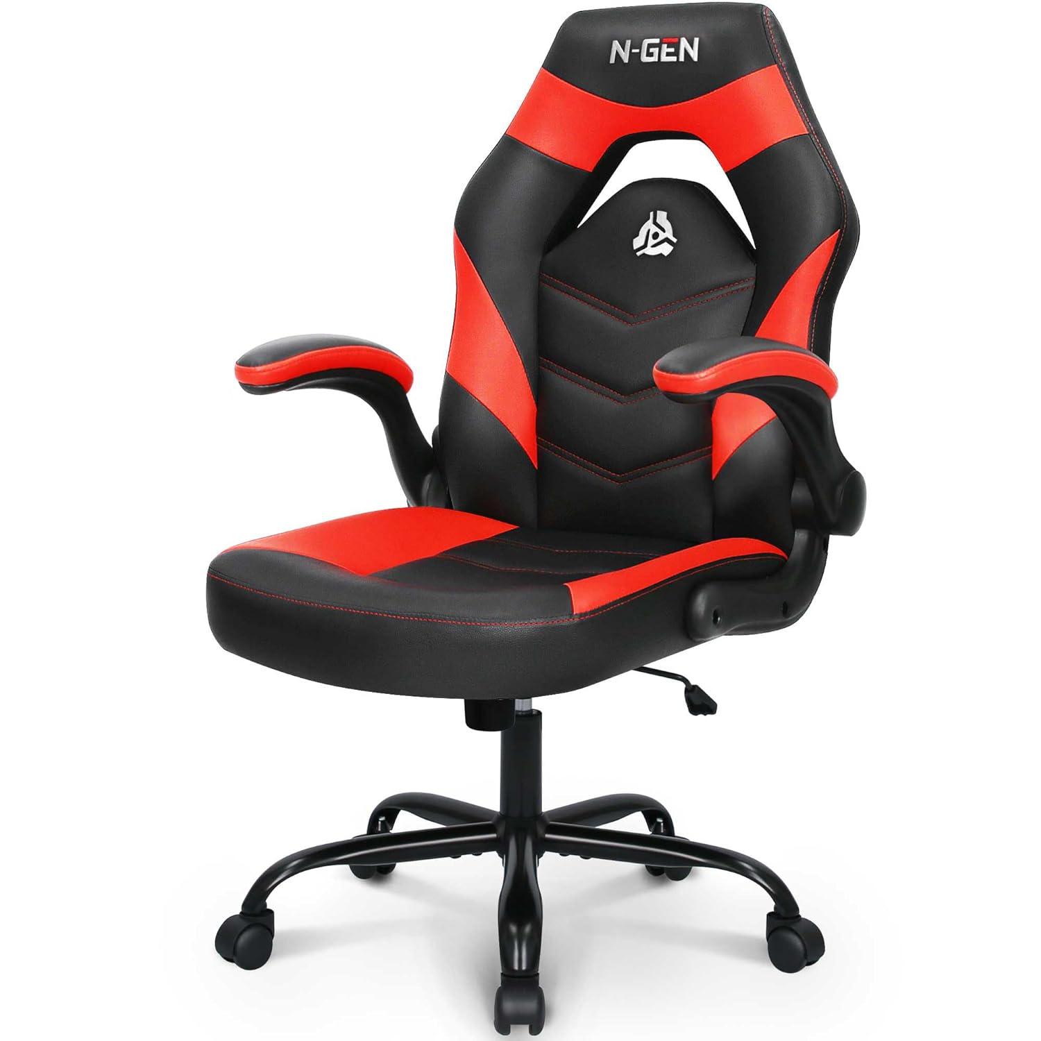 N-GEN Adjustable Ergonomic Faux Leather Swiveling PC & Racing Game Office Desk Chair with Flip-Up Arms
