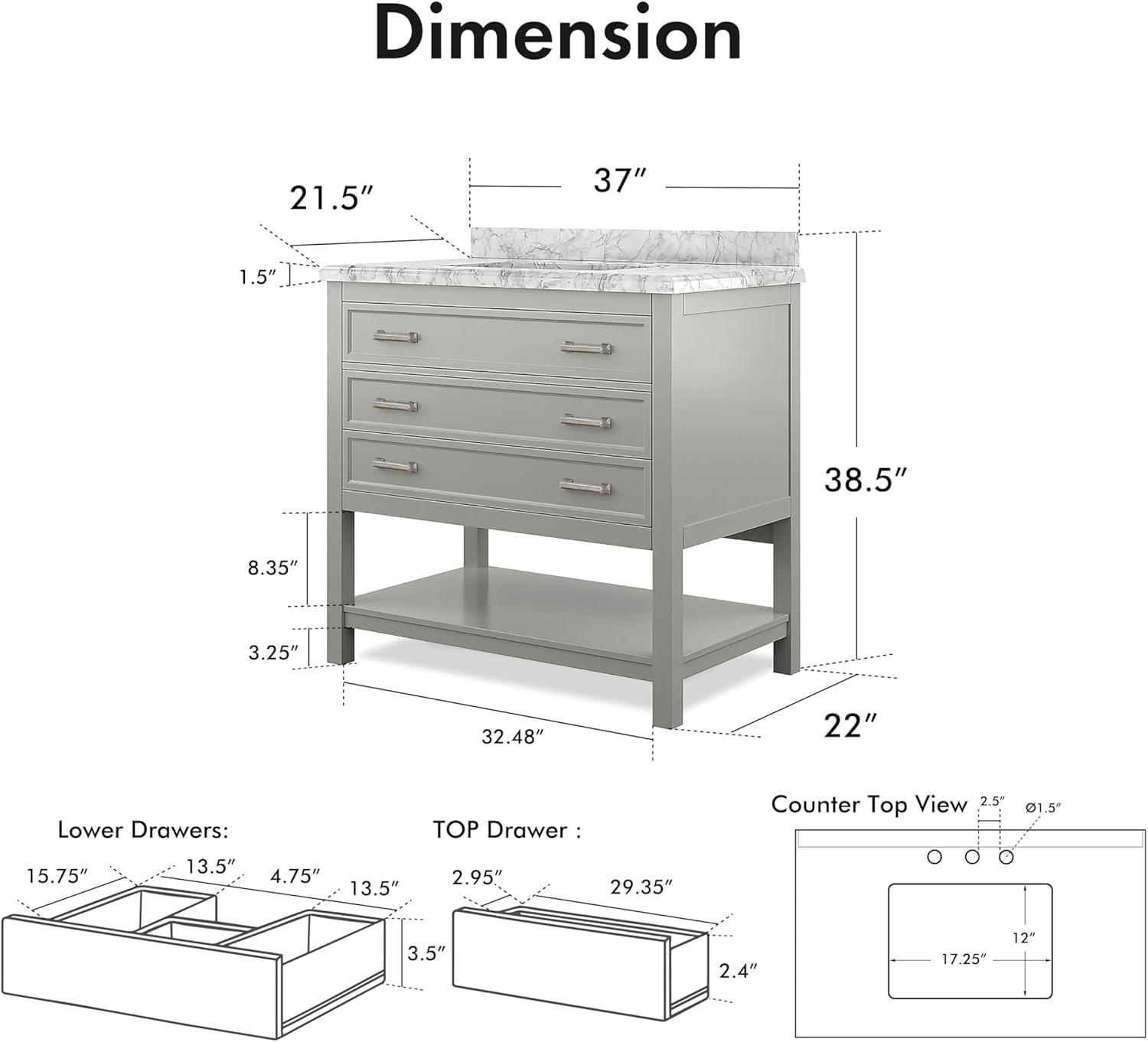 Furniture of America Freya 37" Gray Single Bathroom Vanity with White Carrera Marble Top and Undermount Sink