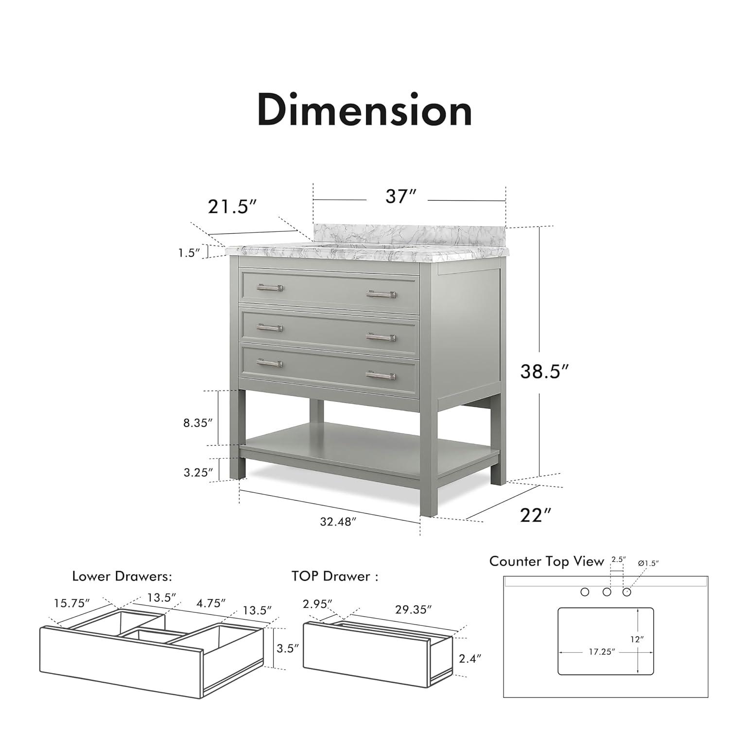 Furniture of America Freya 37" Gray Single Bathroom Vanity with White Carrera Marble Top and Undermount Sink