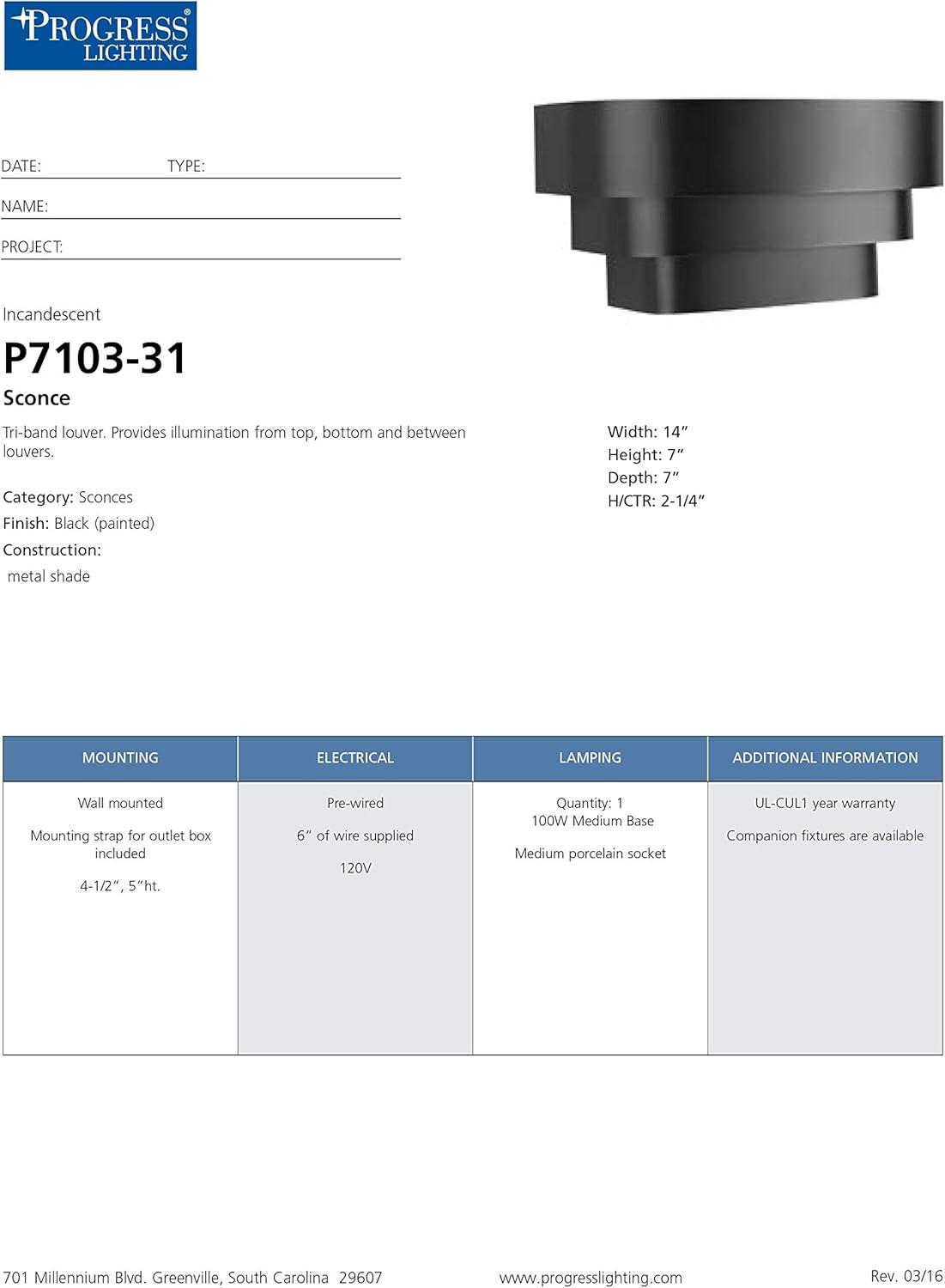Progress Lighting, Tri-Band Louver, 1-Light Wall Sconce, Matte Black, Metal Shade, Steel, 7" W x 7" H x 14" L, 100W MED, BL