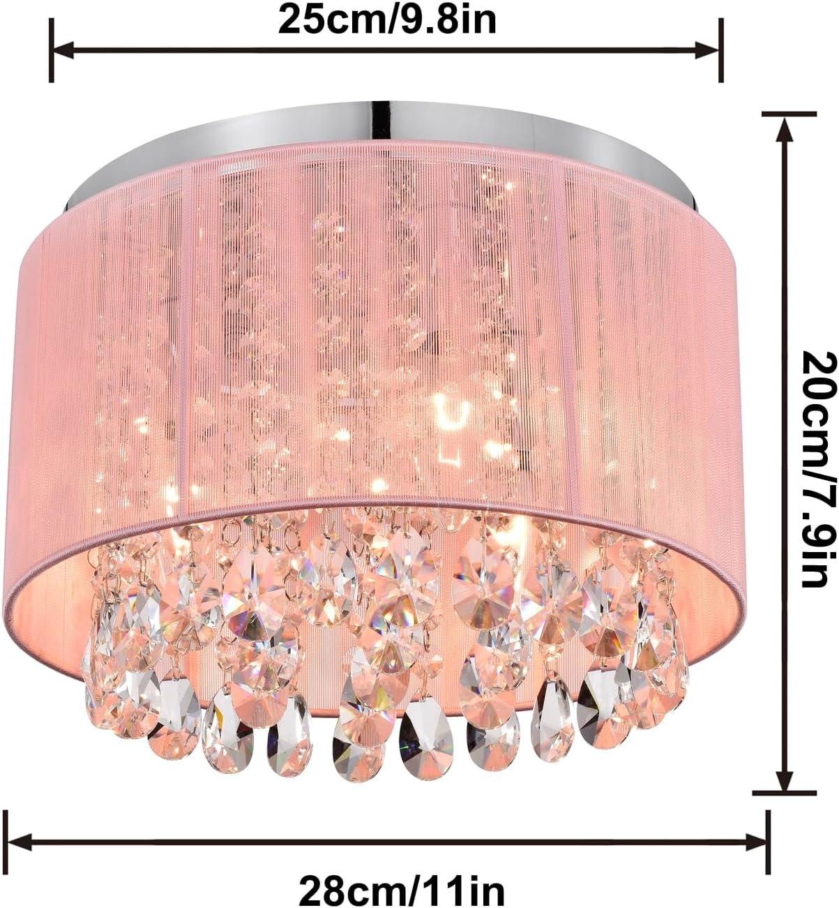 Pink Chandelier Drum Flush Mount Chandelier Crystal Ceiling Light Fixture 3 Light Bedroom Chandelier