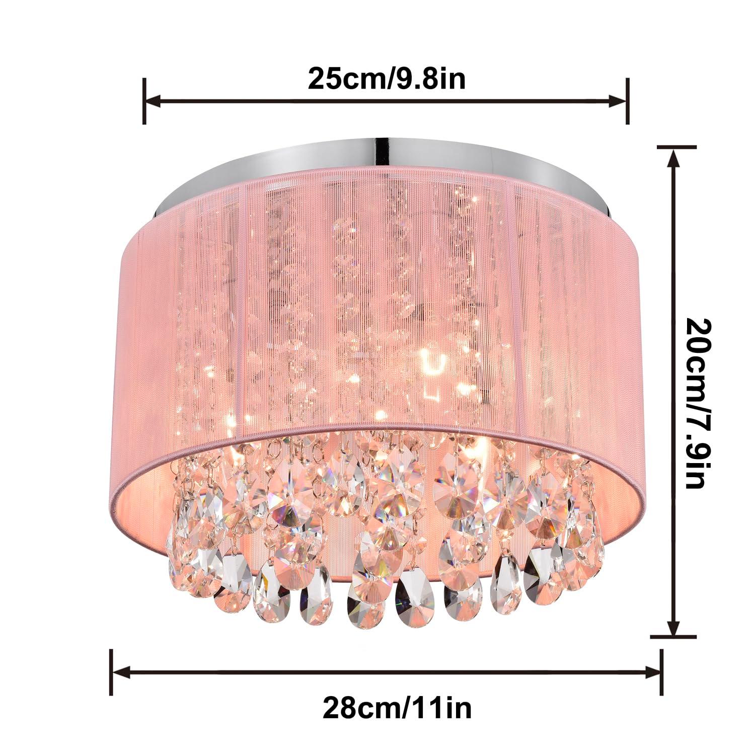Pink Chandelier Drum Flush Mount Chandelier Crystal Ceiling Light Fixture 3 Light Bedroom Chandelier