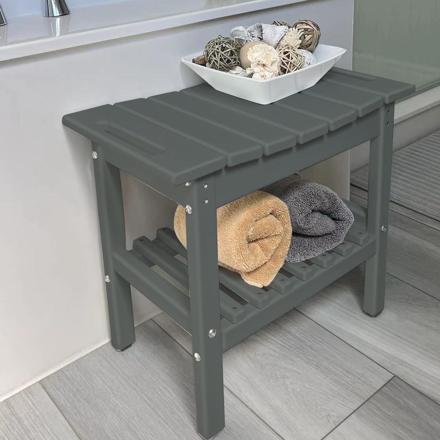 Gray HDPE Shower Bench with Storage Shelf