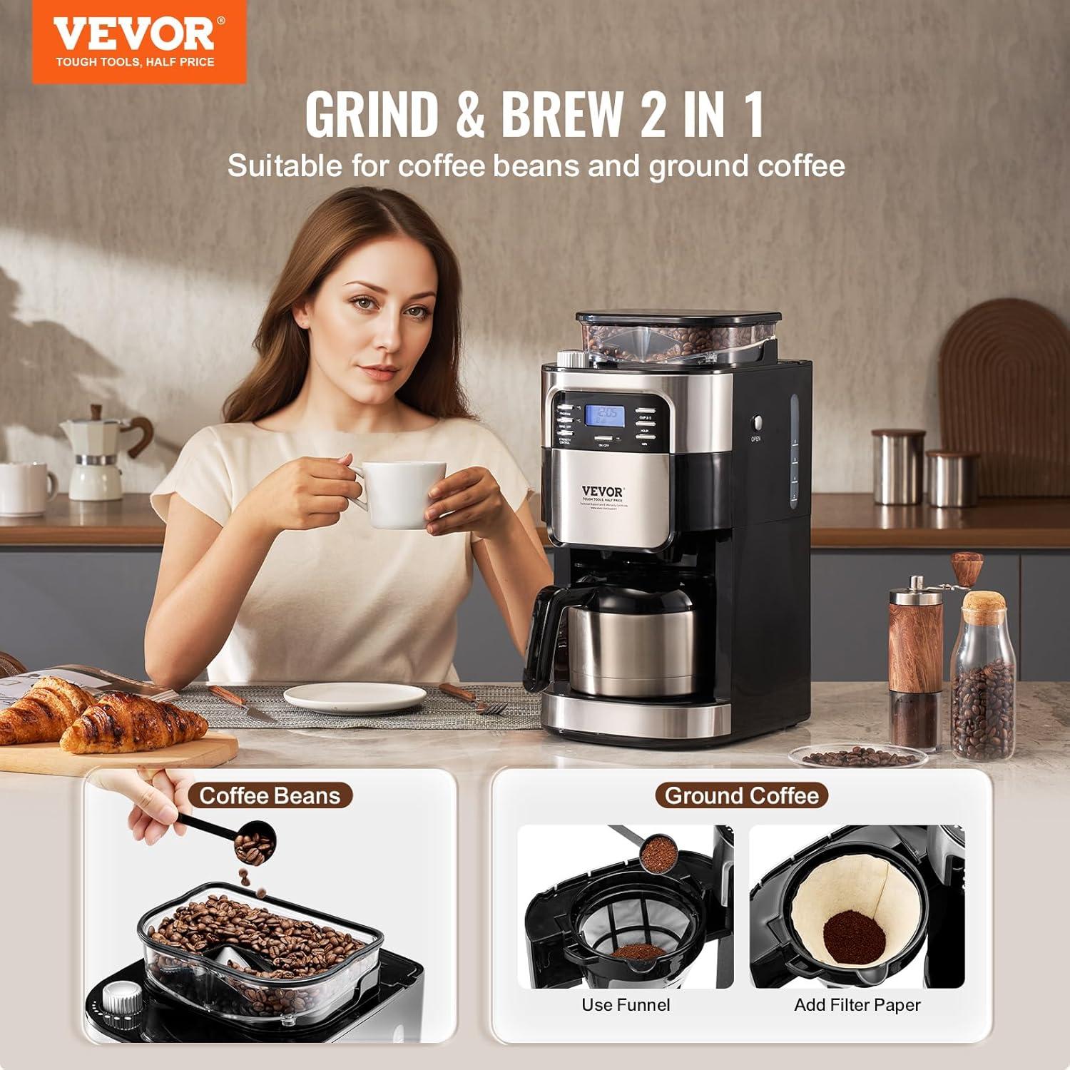 Grind and Brew Coffee Maker Machine, 8 Cup Capacity with 3 Brew Strength Options, Built in Timer for Auto Morning Brew, Ideal for Office Home Cafe, Black