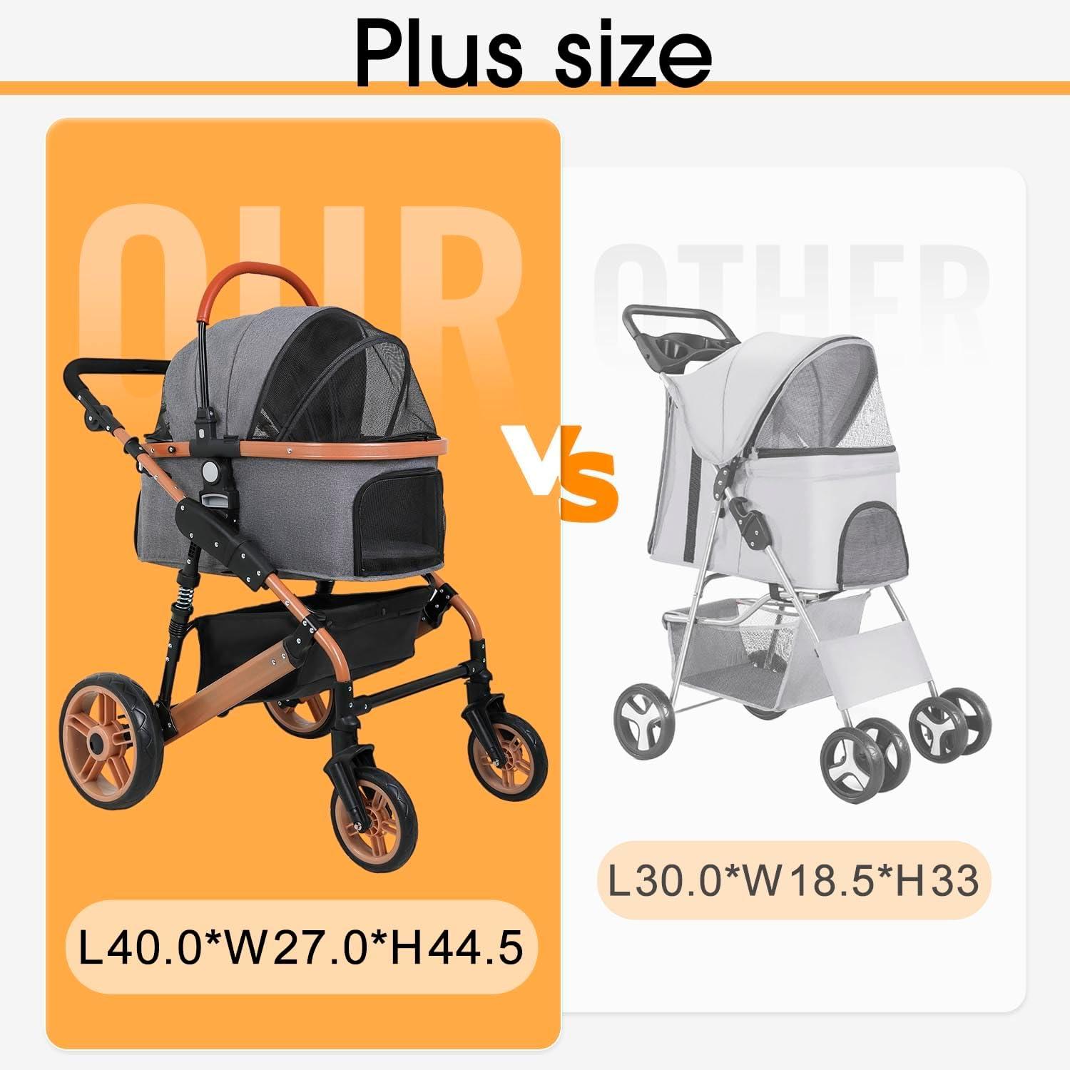 Gray Aluminum Frame 4-Wheel Dog Stroller with Detachable Carrier