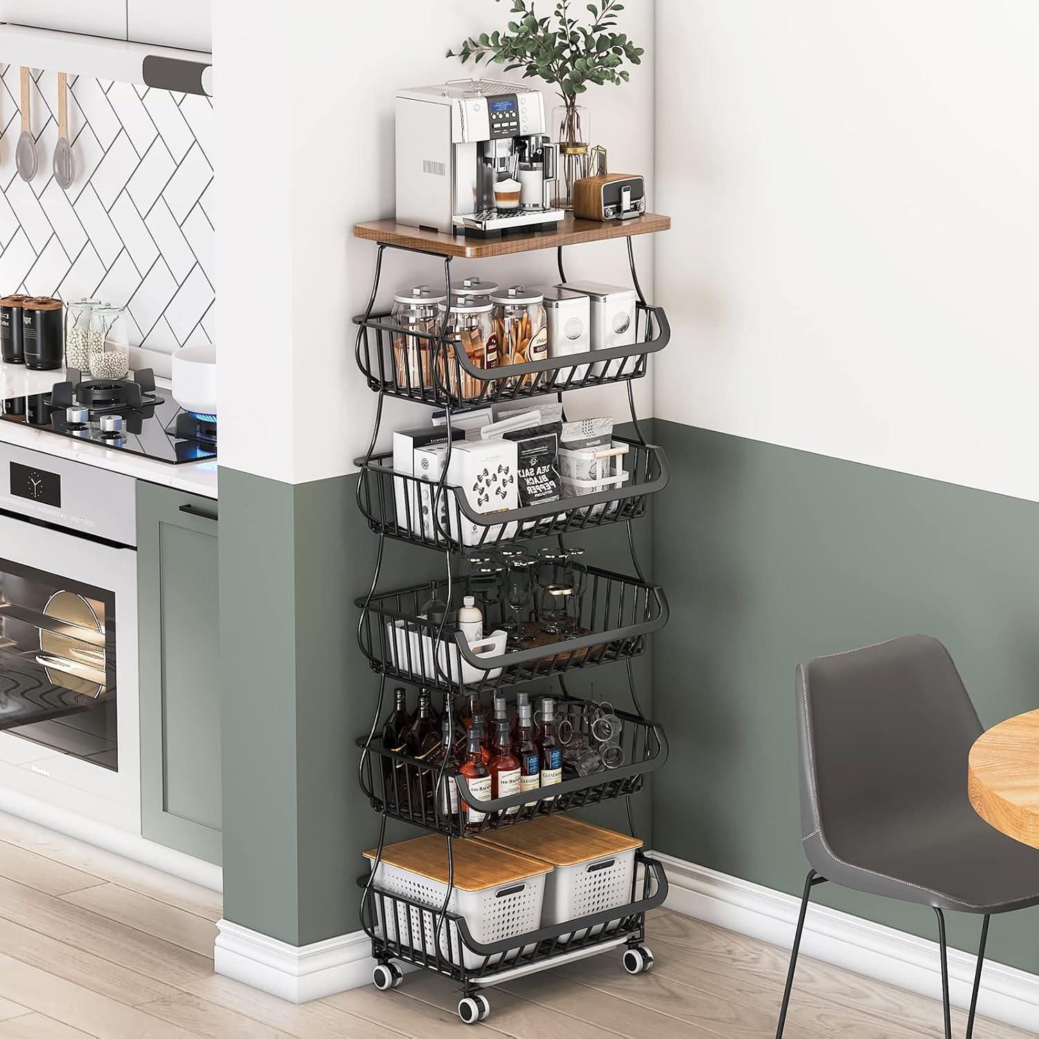 Wisdom Star 6 Tier Fruit Vegetable Basket for Kitchen with Wooden Tabletop, Storage Cart Vegetable Basket Bins for Onions and Potatoes, Wire Storage Basket Organizer Utility Cart with Wheels, Black