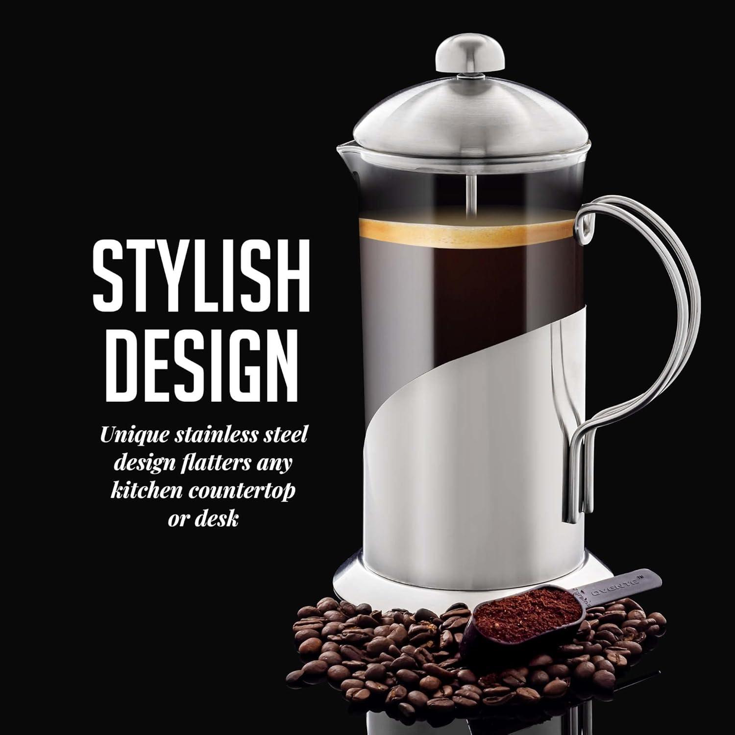 OVENTE French Press Coffee Maker, 4 Level Stainless Steel Filter System, Borosilicate Heat Resistant Glass Carafe with Free Measuring Scoop, Silver