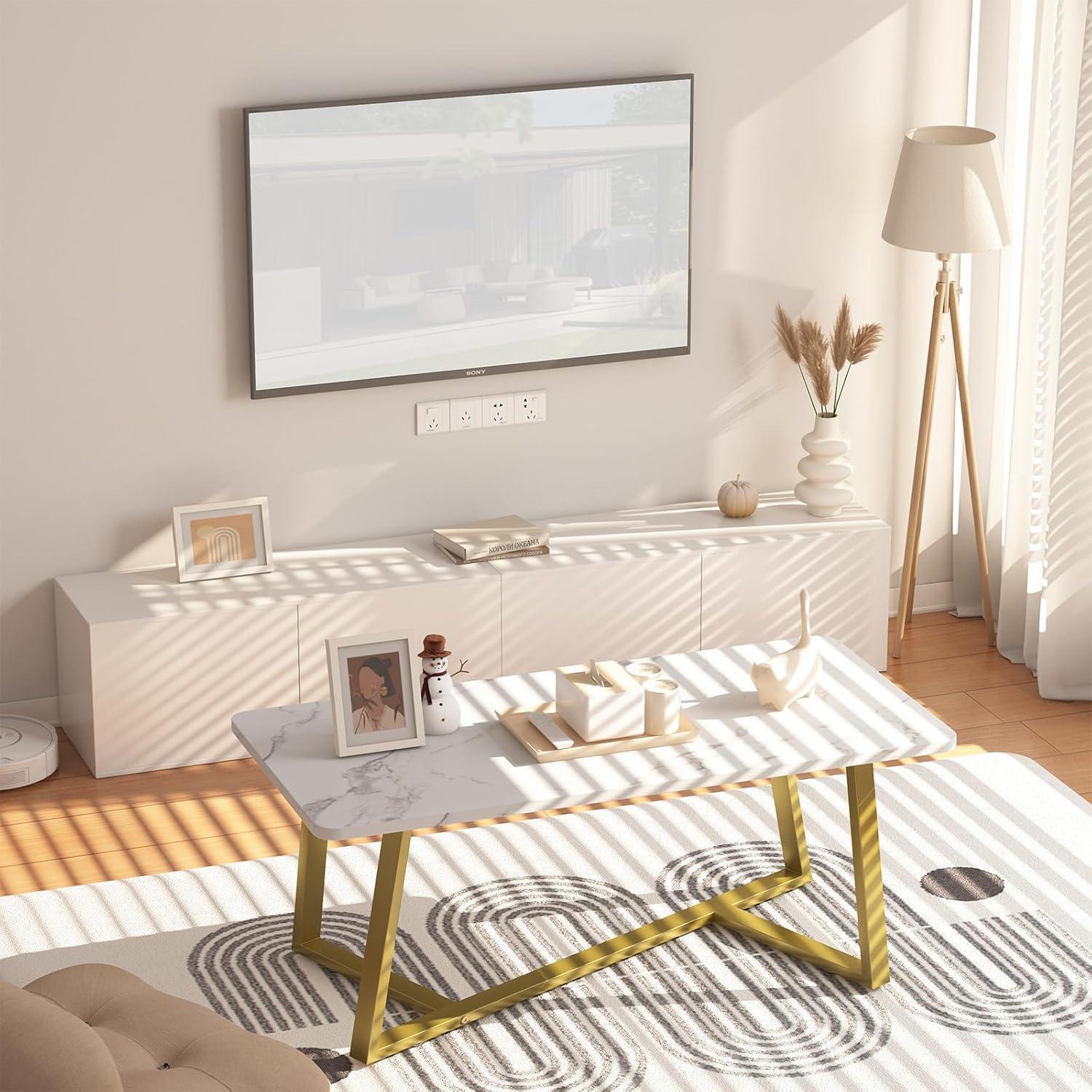 White Faux Marble Rectangular Coffee Table with Gold Metal Legs