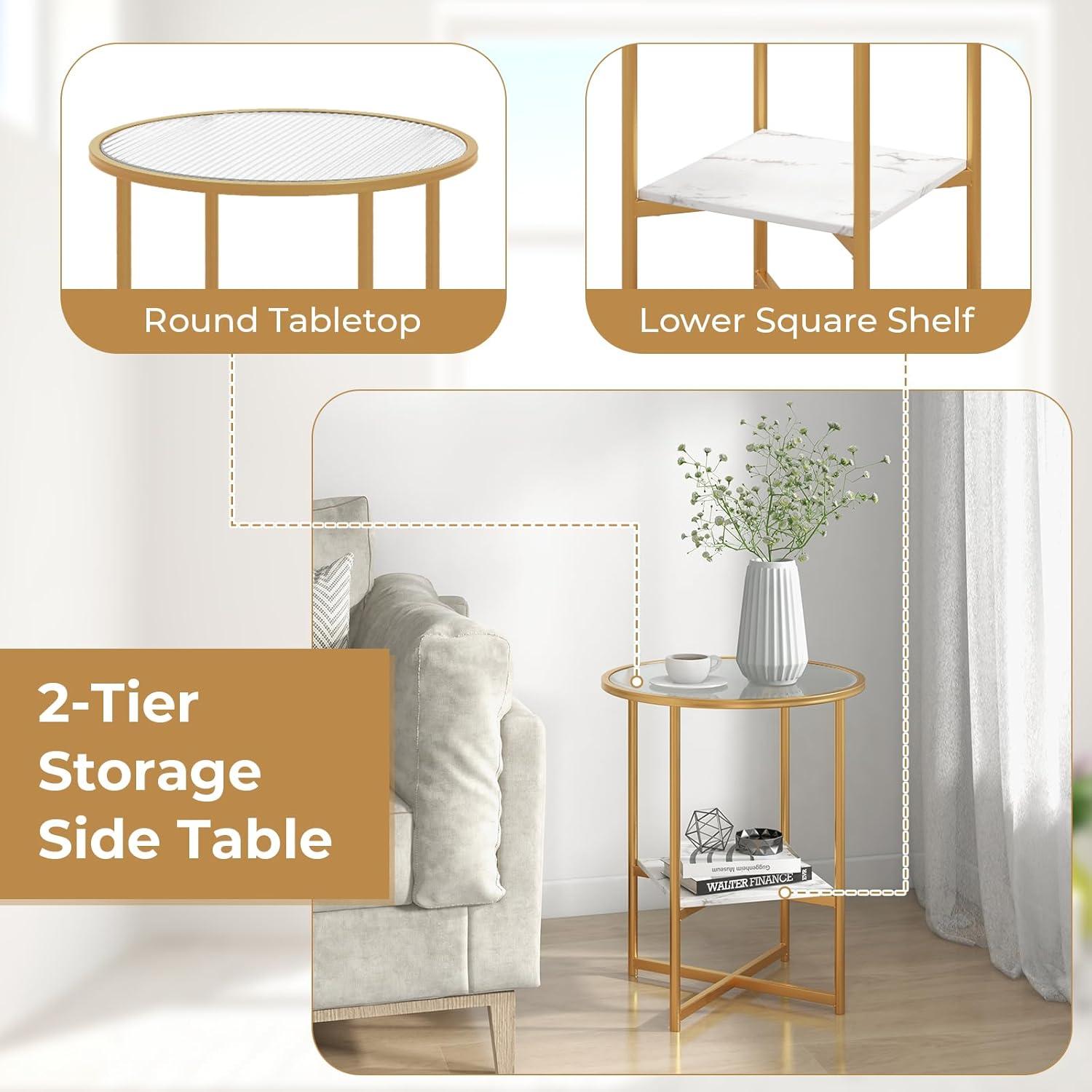 Kepooman End Tables,Side End Table,Nightstand,2-Tier Glass End Table Set of 2 with Faux Marble Storage Shelf-White