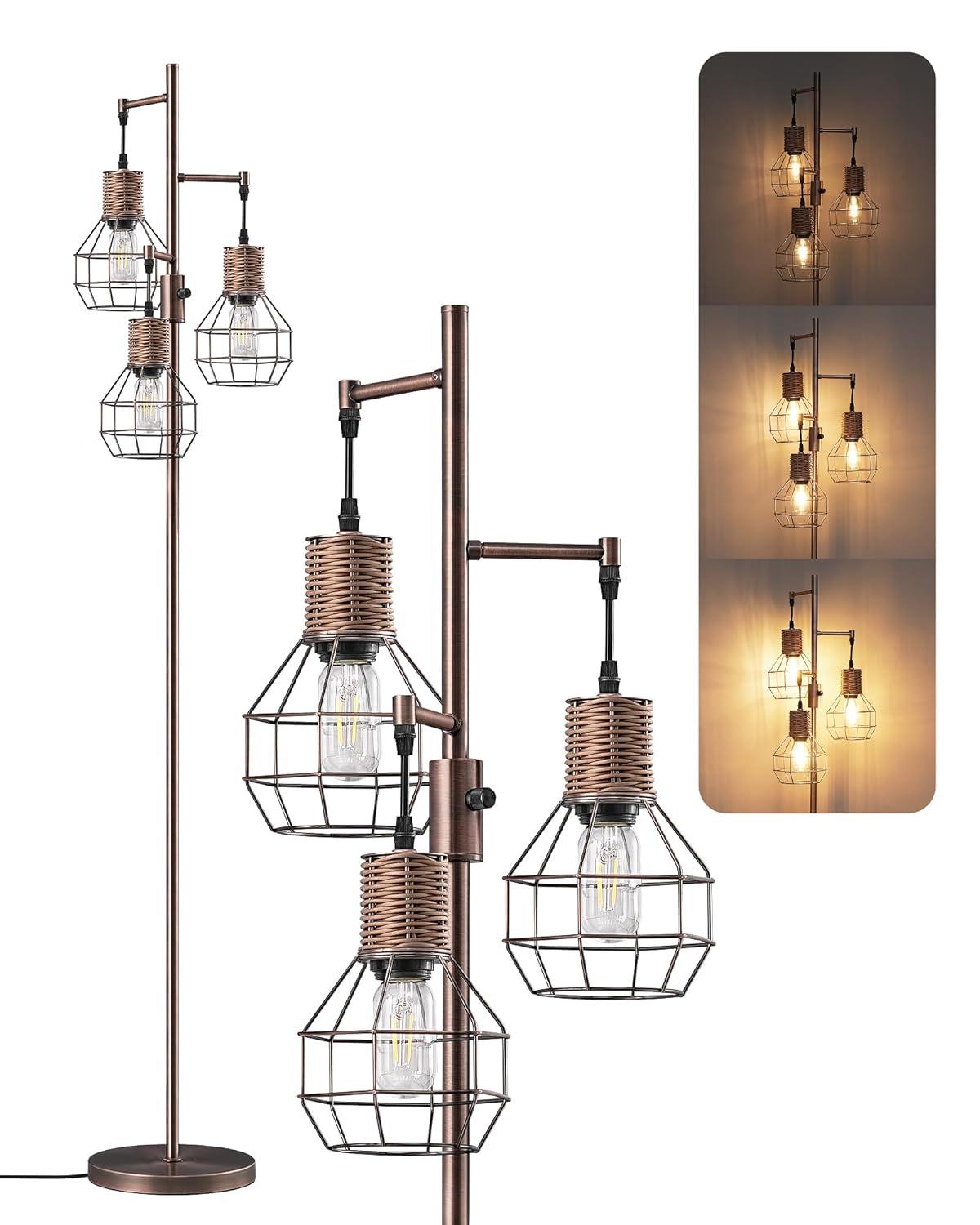 EDISHINE Dimmable Rustic Floor Lamp, Farmhouse Standing Lamp with 3 LED Edison Bulbs, Rattan Design Floor Lamps for Living Room, Bedroom, Reading Corner, Office, Electroplated Brushed Red Copper