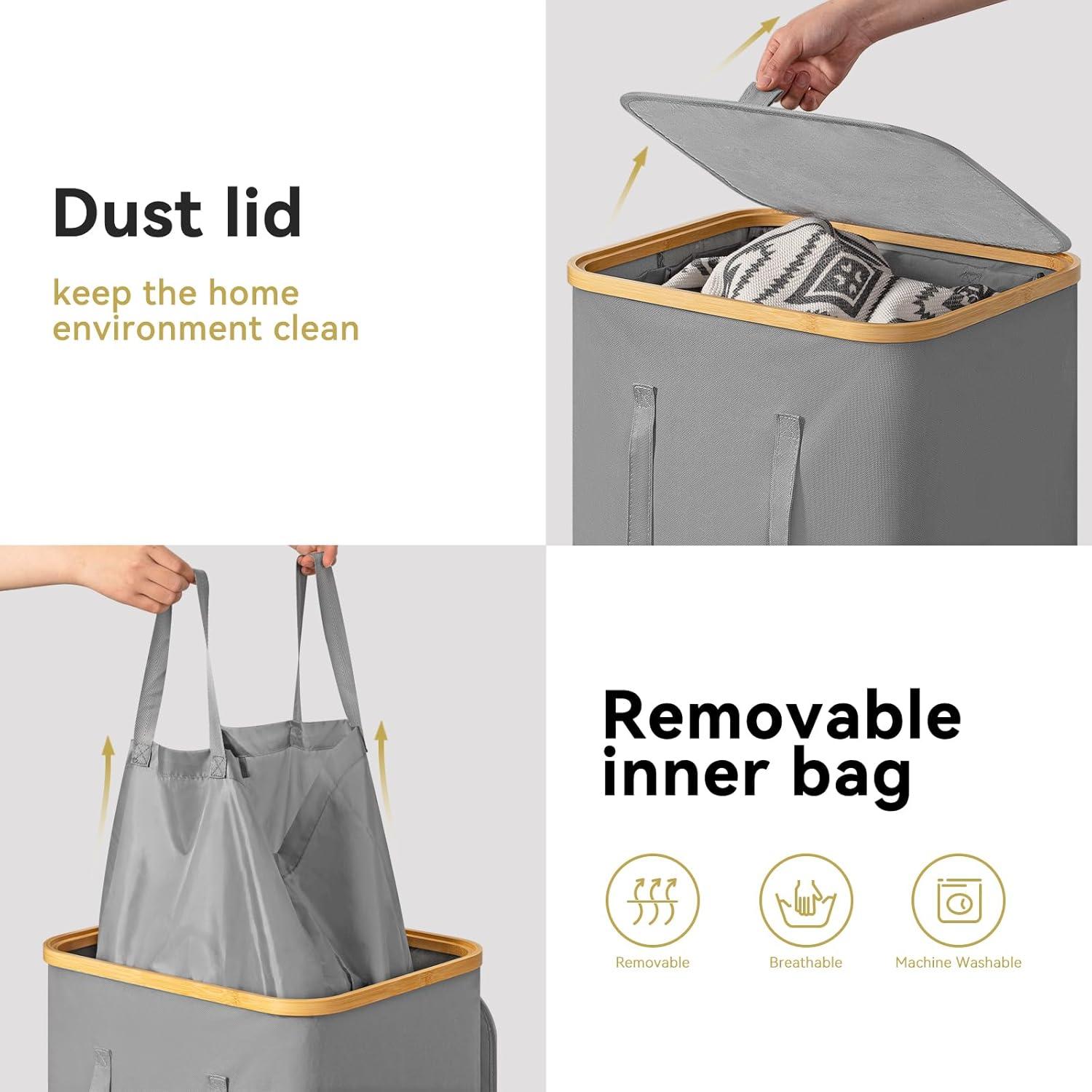 Efluky Laundry Basket with Lid and Removable Bag, 100L Tall Laundry Hamper with Bamboo Handles, Aesthetic Dirty Clothes Bin for Laundry Room, Bathroom, Bedroom and Dorm,Grey