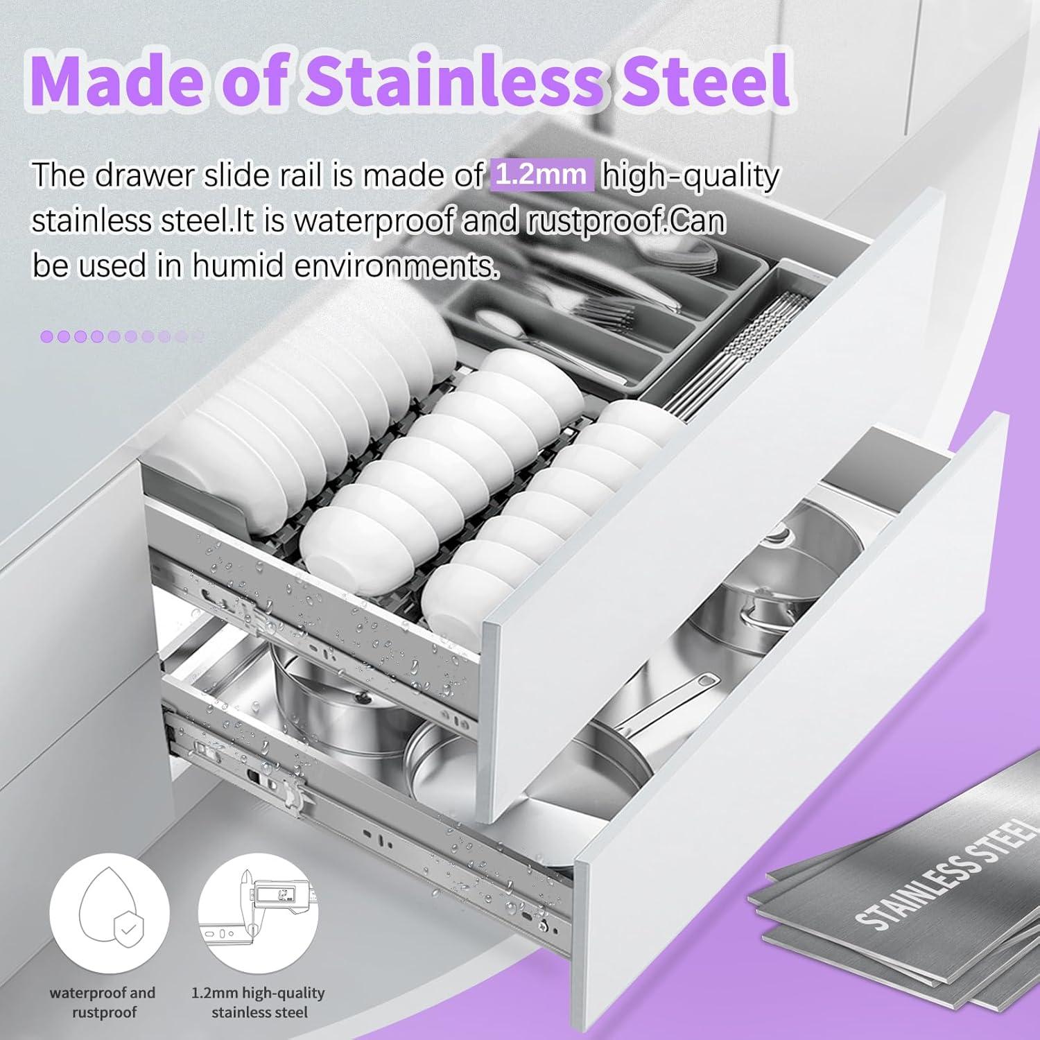 1 Pair Soft Close Stainless Steel Full Extension Drawer Hardware Slides 100 lb Load Capacity Side Mount Ball Bearing Self Close Kitchen Cabinet Rails Dresser Runners(Sliver,14 inch)