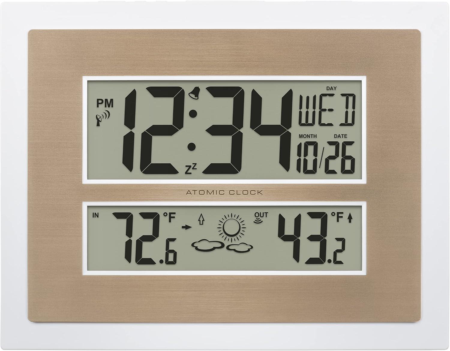 White and Champagne Atomic Digital Wall Clock with Temperature Display