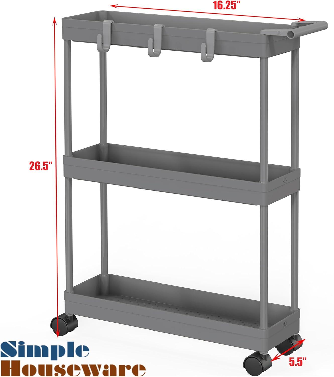 Slim Grey Plastic 3-Tier Kitchen Cart with Handle