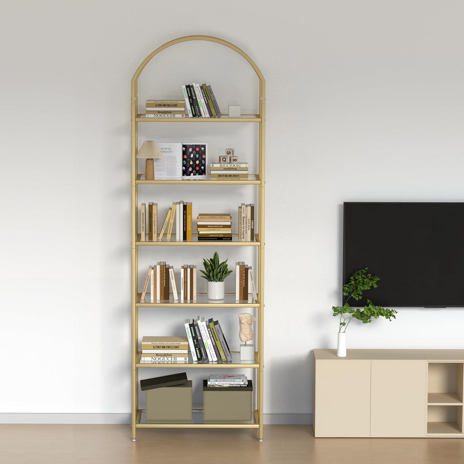 Mercer41 Bookcase Bookshelf, Tempered Glass Arched Bookshelf For More Storage, Slim Shelving Unit For Bedroom, Bathroom, Home Office, Steel Frame, 6 Tier Gold