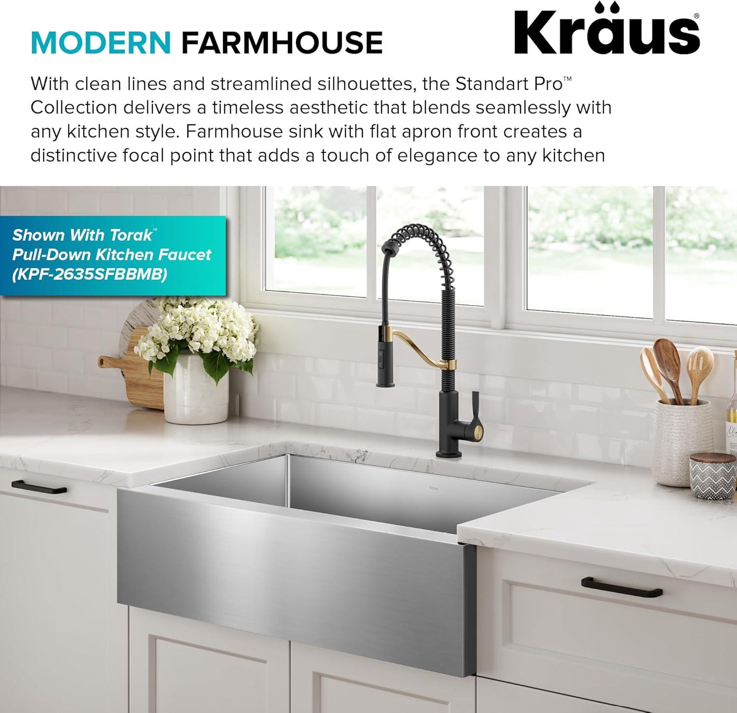 KRAUS Standart Pro Apron Front Farmhouse 16 Gauge Single Bowl Stainless Steel Kitchen Sink