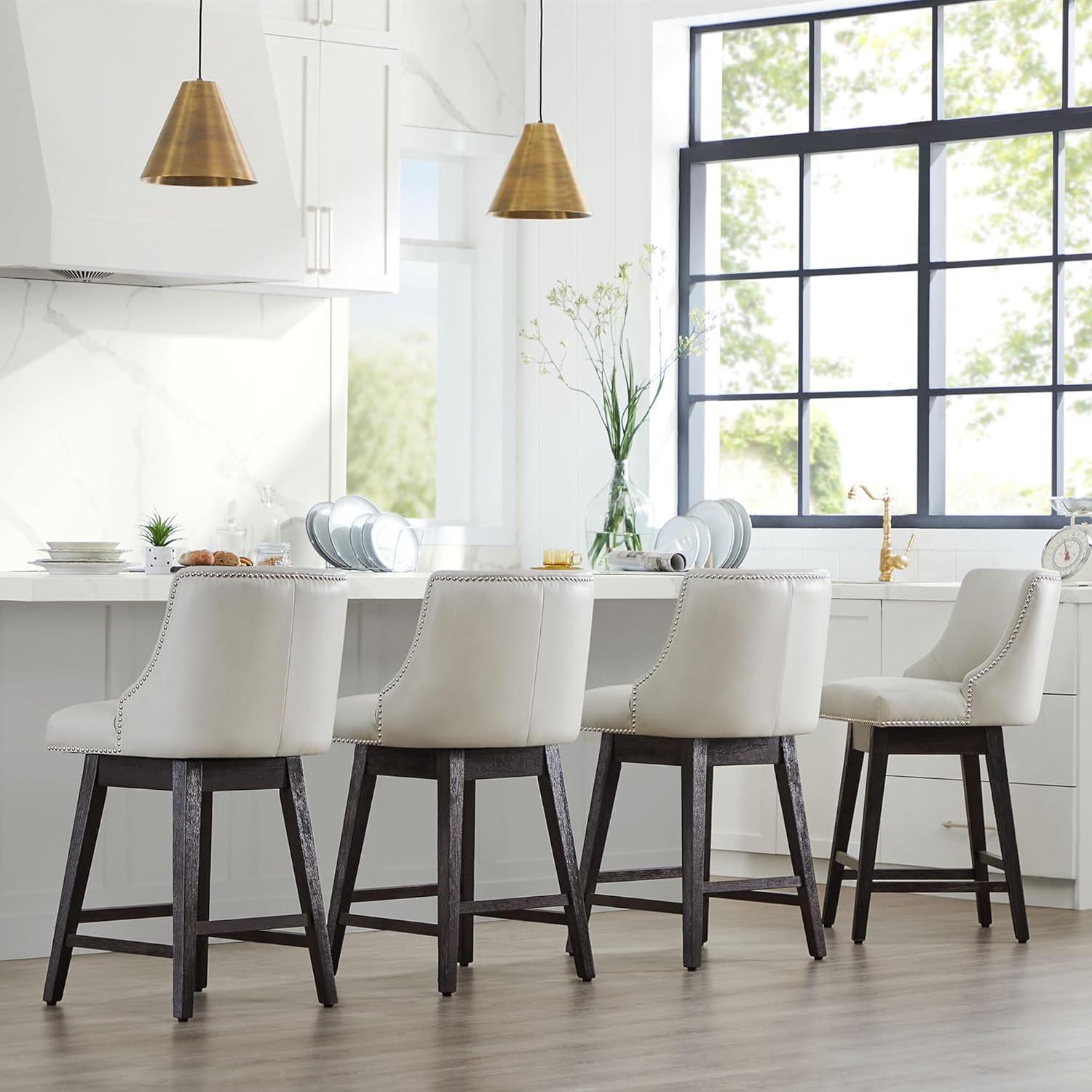CHITA 26 inch Faux Leather Swivel Upholstered Counter Height Bar Stools with Full Back, Set of 2, Creamy Gray