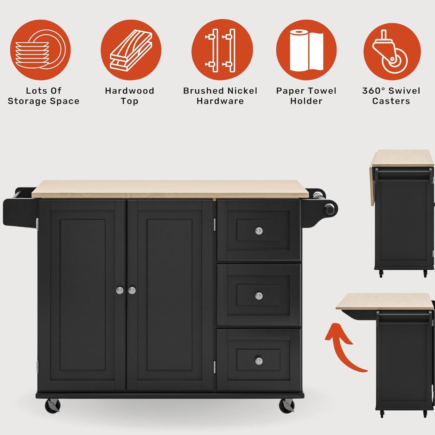 Black Wood Kitchen Cart with Drop Leaf and Storage