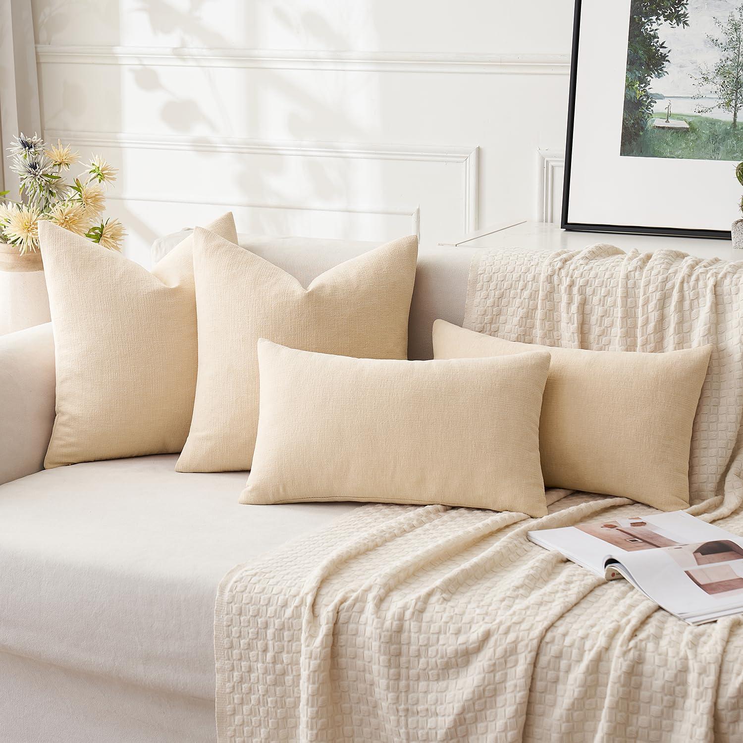 MIULEE Beige Couch Pillow Covers 16x16 Inch, Set of 2 Soft Chenille Decorative Square Throw Pillow Covers Farmhouse for Sofa Living Room Bed