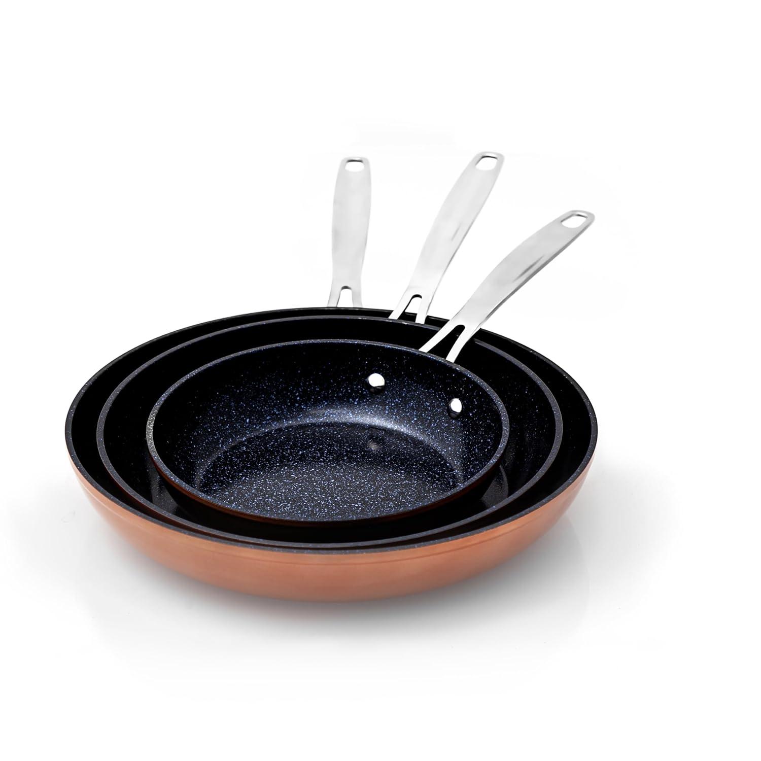 Nuwave 3-Piece Fry Pan Set, 8”, 10”, 12” Forged Lightweight, G10 Healthy Duralon Blue Ceramic Ultra Non-Stick, Induction-Ready & Works on All Cooktops, Ergonomic Stay-Cool Handles