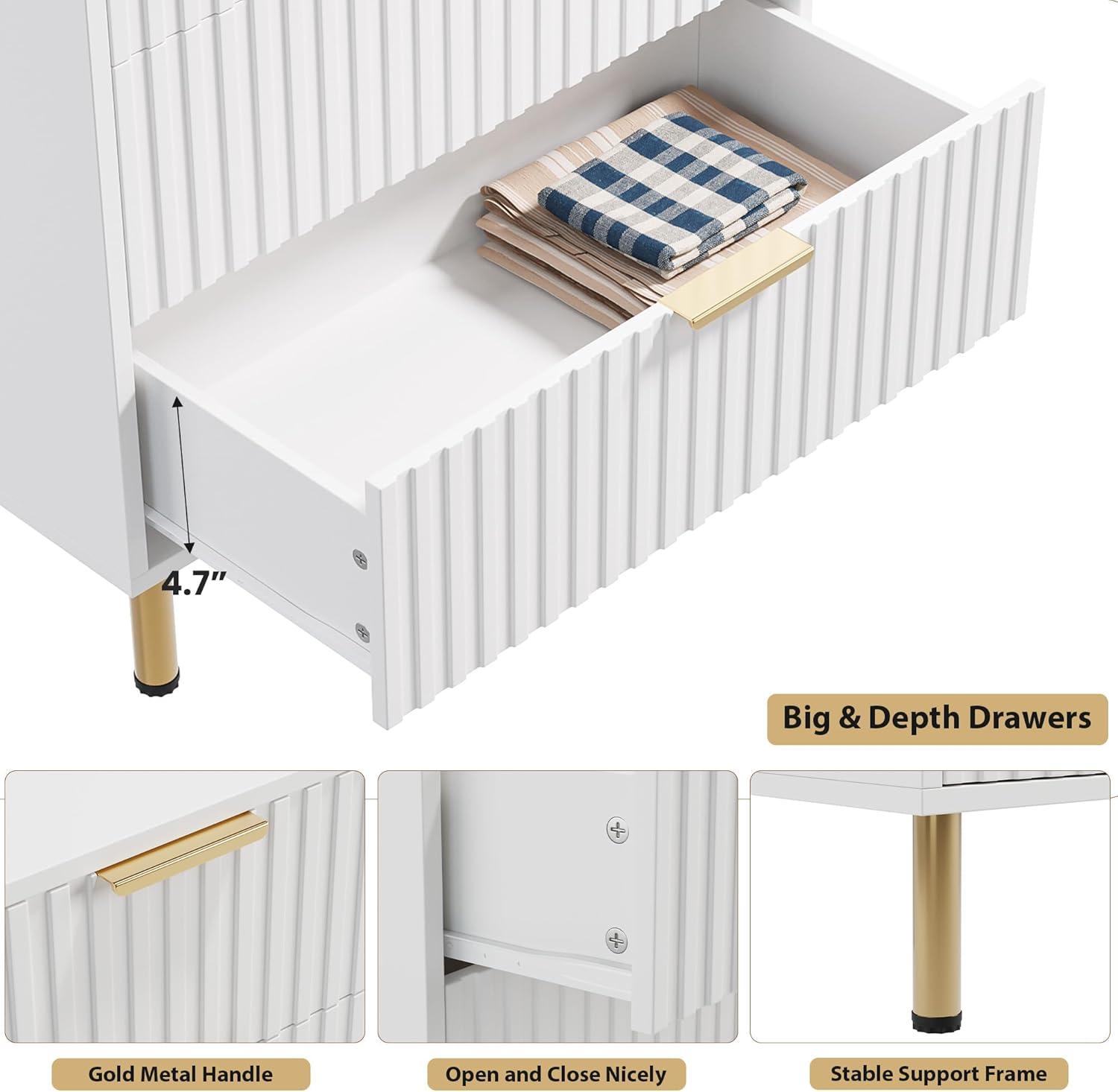 Garvee Fluted 5 Drawer Dresser for Bedroom, 48" Tall Modern Chest of Drawers, Wooden Dresser Organizer for Living Room, Hallway, Kids Room, White