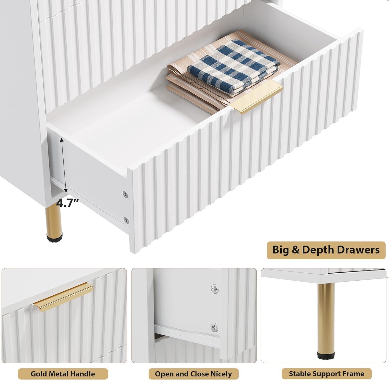 Garvee Fluted 5 Drawer Dresser for Bedroom, 48" Tall Modern Chest of Drawers, Wooden Dresser Organizer for Living Room, Hallway, Kids Room, White
