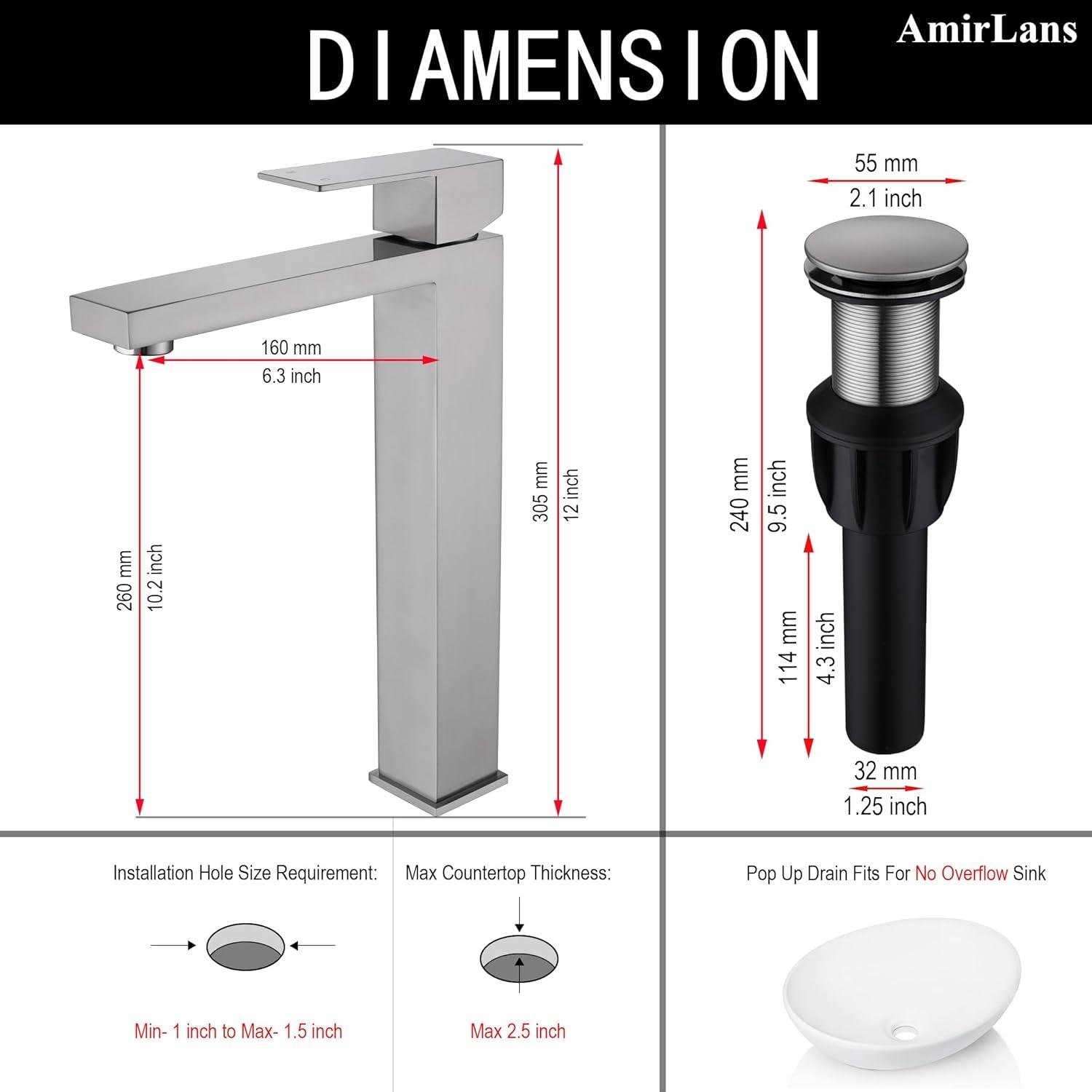 Gold Vessel Sink Faucet, Brushed Gold Tall Single Handle Bathroom Vessel Sink Faucet 1 Hole, Modern Stainless Steel Restroom Vanity Faucet with Metal Pop Up Drain and Water Supply Hose