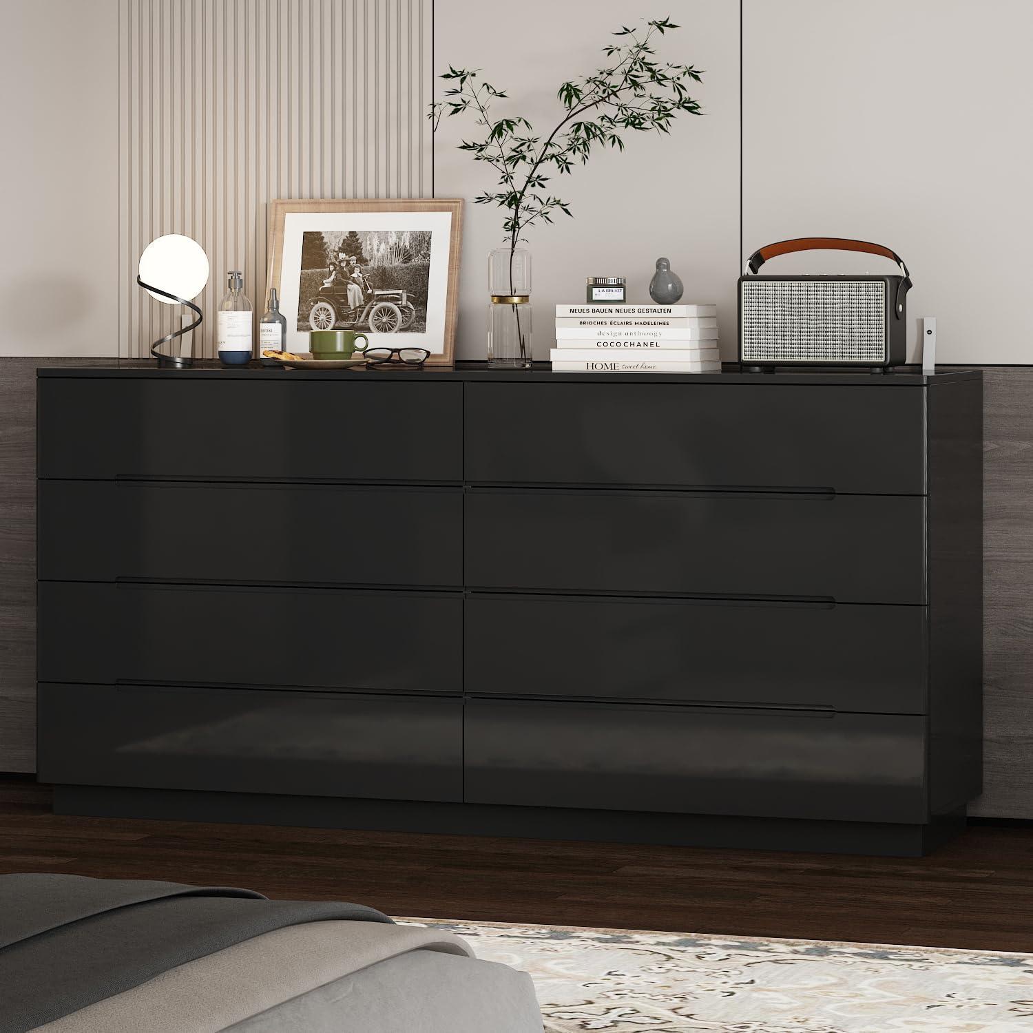 Black 8-Drawer 63 in. W Wood Double Dresser Chest of Drawers Bedroom Storage Organizer in With High Gloss and LED Lights