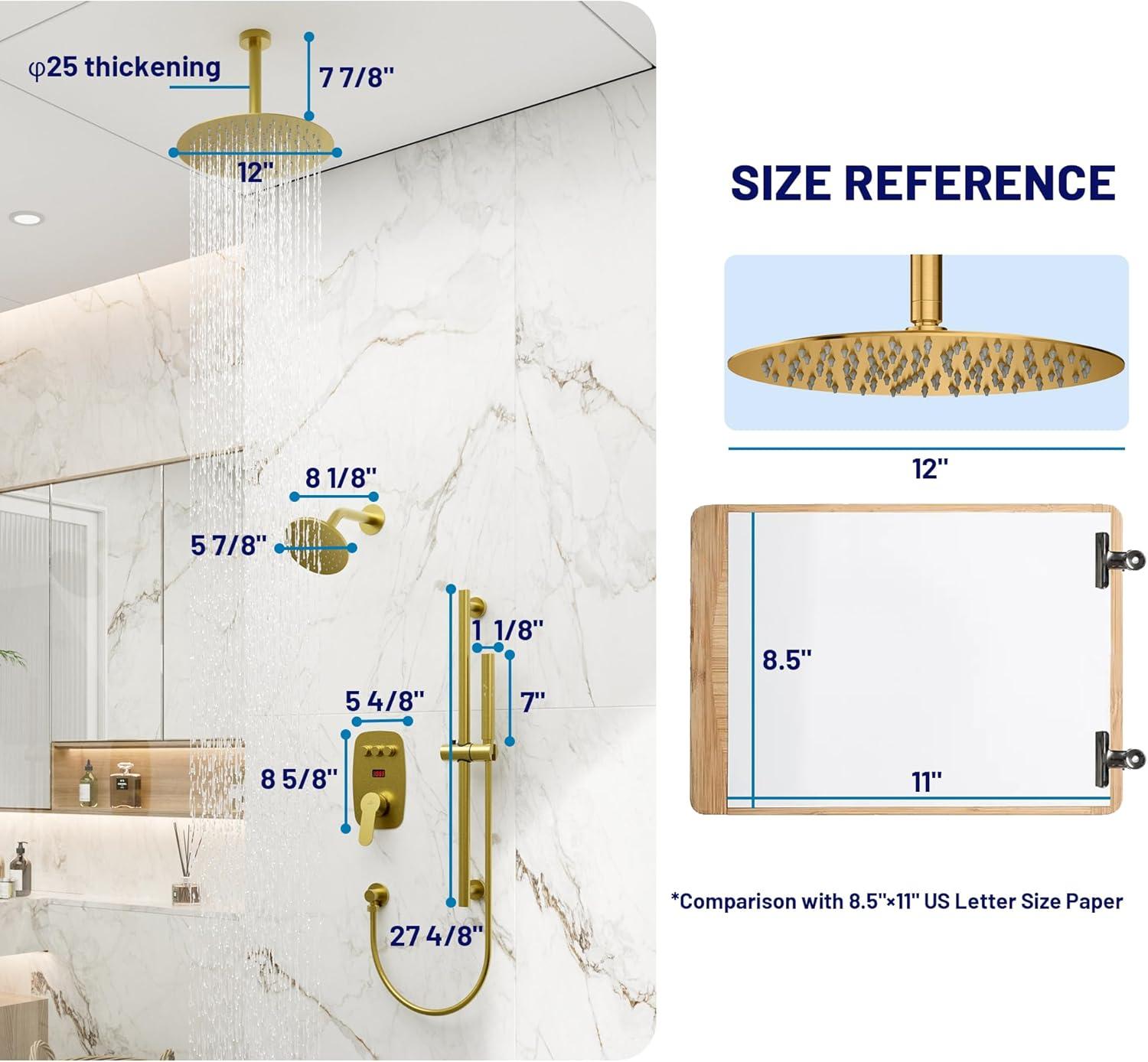 Rainfall Symphony 12inch Dual Showerhead Temperature Display Shower System with 2 in 1 Slider Bar Shower Handheld