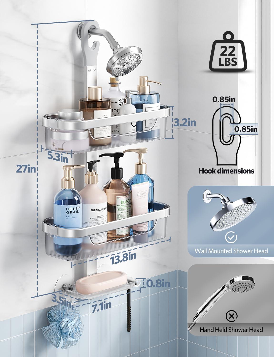 Rebrilliant Adjustable-Shower-Caddy-Hanging, Rust Proof Shower Hanging Organizer, 3-Tier Aluminum Alloy + ABS, Large Capacity Shower Caddy Over-The-Showerhead With Hooks, Razor Holder, Soap Dish