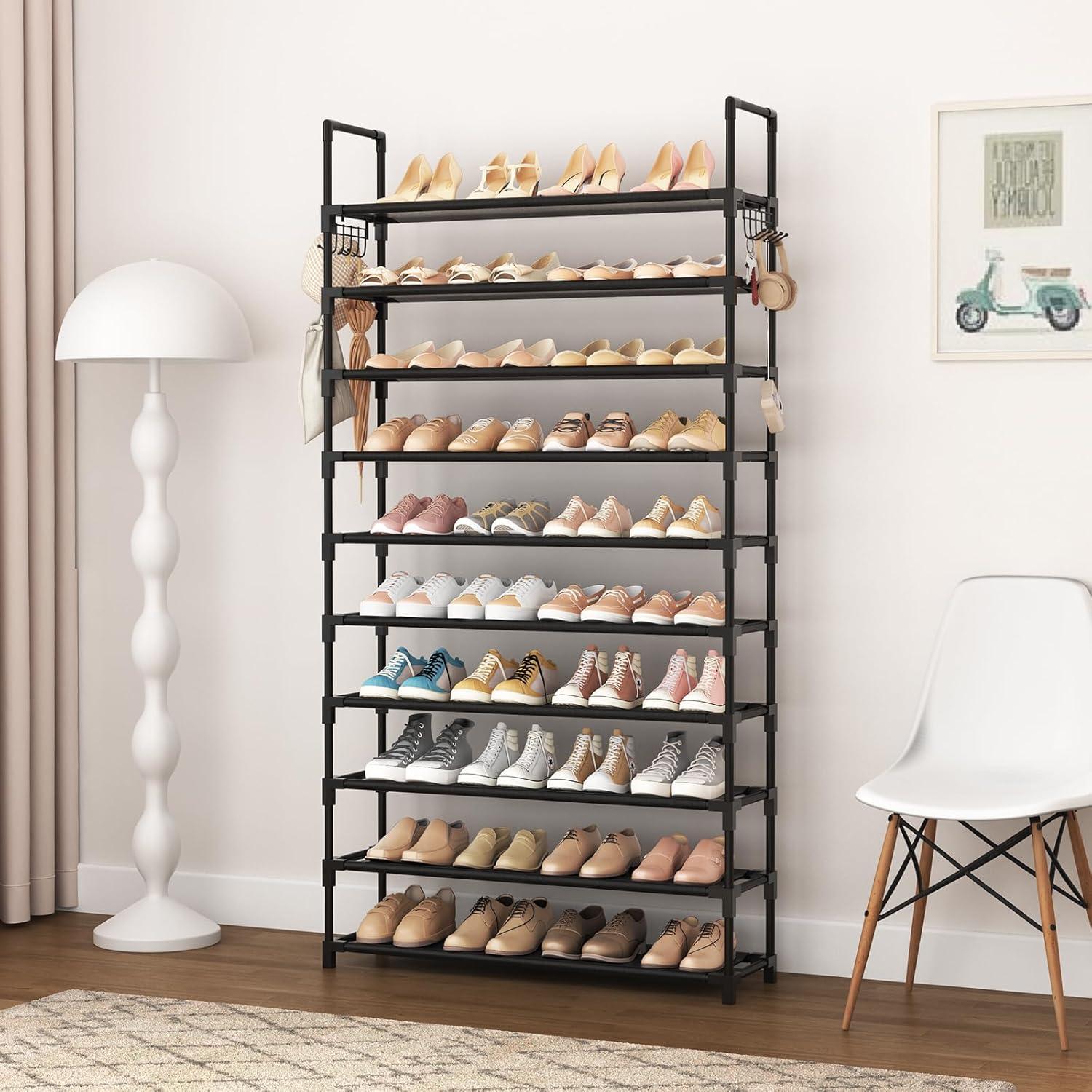 Black 10-Tier Metal and Fabric Shoe Rack with Hooks