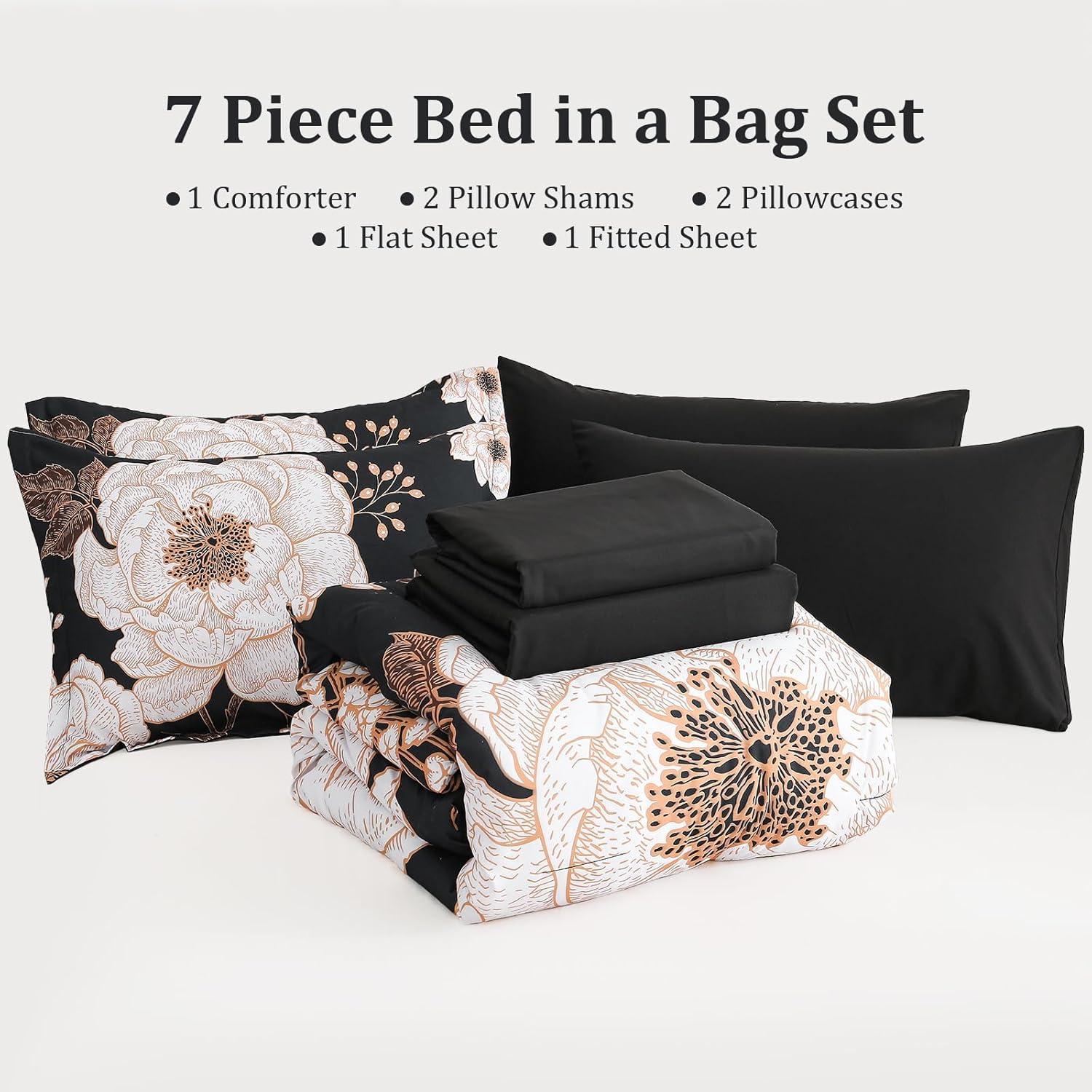 DANTUL 7 Piece Bed In A Bag Queen Comforter Set Botanical Floral Bedding Set,White Flowers Leaves Printed On Black Reversible Design,Soft Microfiber Comforter With Sheet Set,All Season