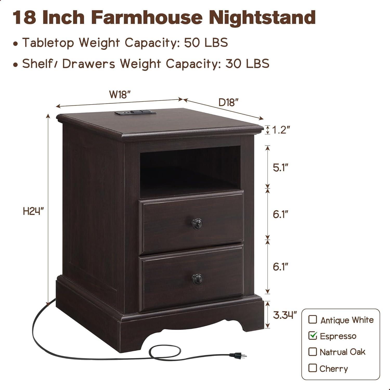 Espresso 18 Inch Vintage Nightstand with Charging Station and 2 Drawers