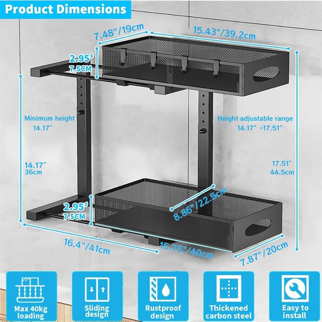 DELAMU 2 Pack Under Sink Organizers and Storage, Pull Out Trash Can Under Cabinet, 2 Tier Bin Organizer with Hooks and Haning Cups, Multi-Purpose Sliding Under Cabinet Organizer