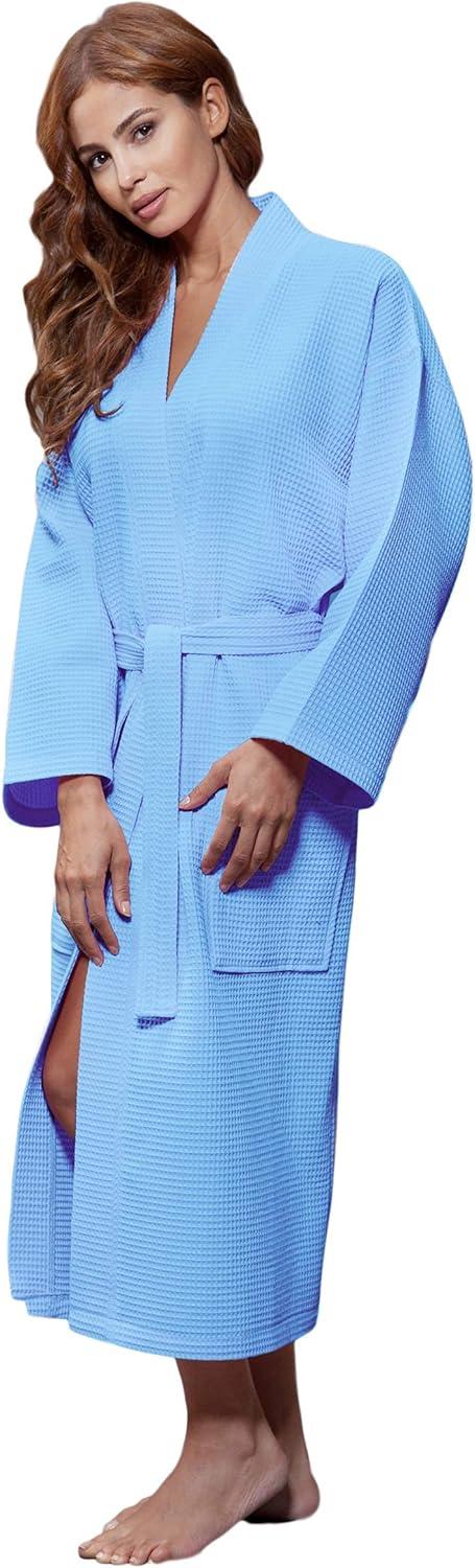 Turquaz Linen Lightweight Long Waffle Kimono Unisex Spa Robe (XXL, Serenity Blue)