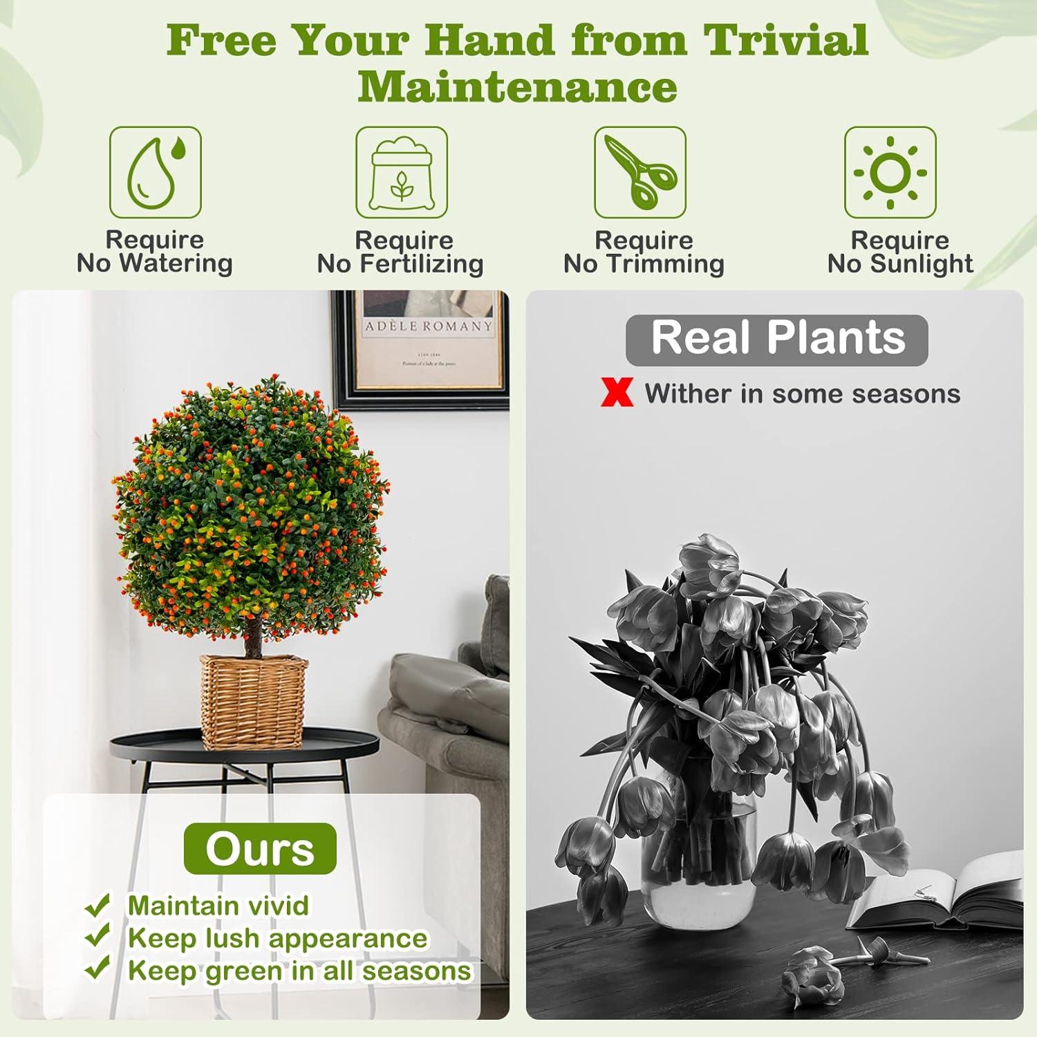 Costway 22'' Artificial Boxwood Topiary Ball Tree 2-Pack Faux Potted Plant w/Orange Fruit