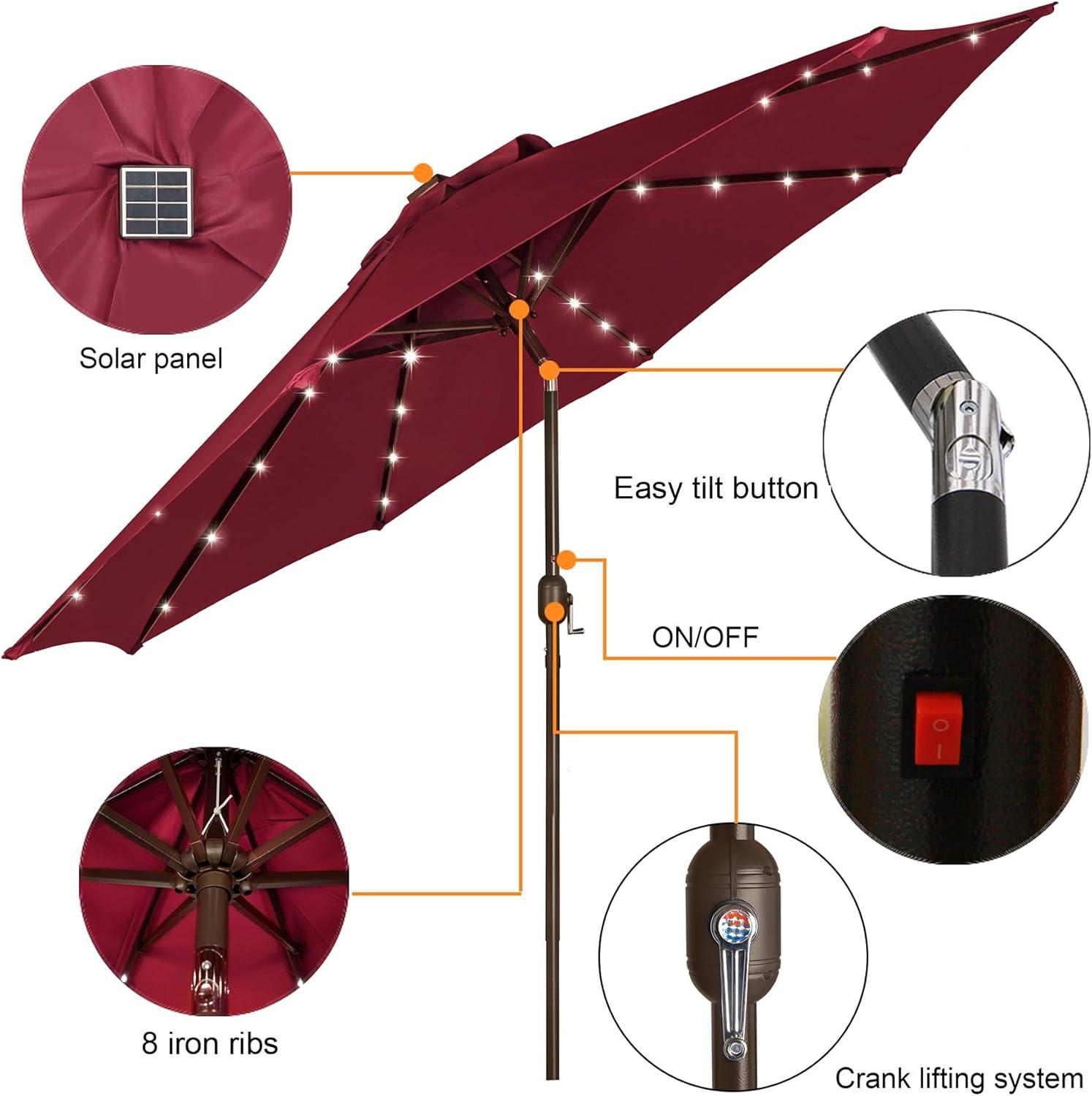 Burgundy 9 ft. LED Lighted Market Beach Umbrella with Aluminum Pole