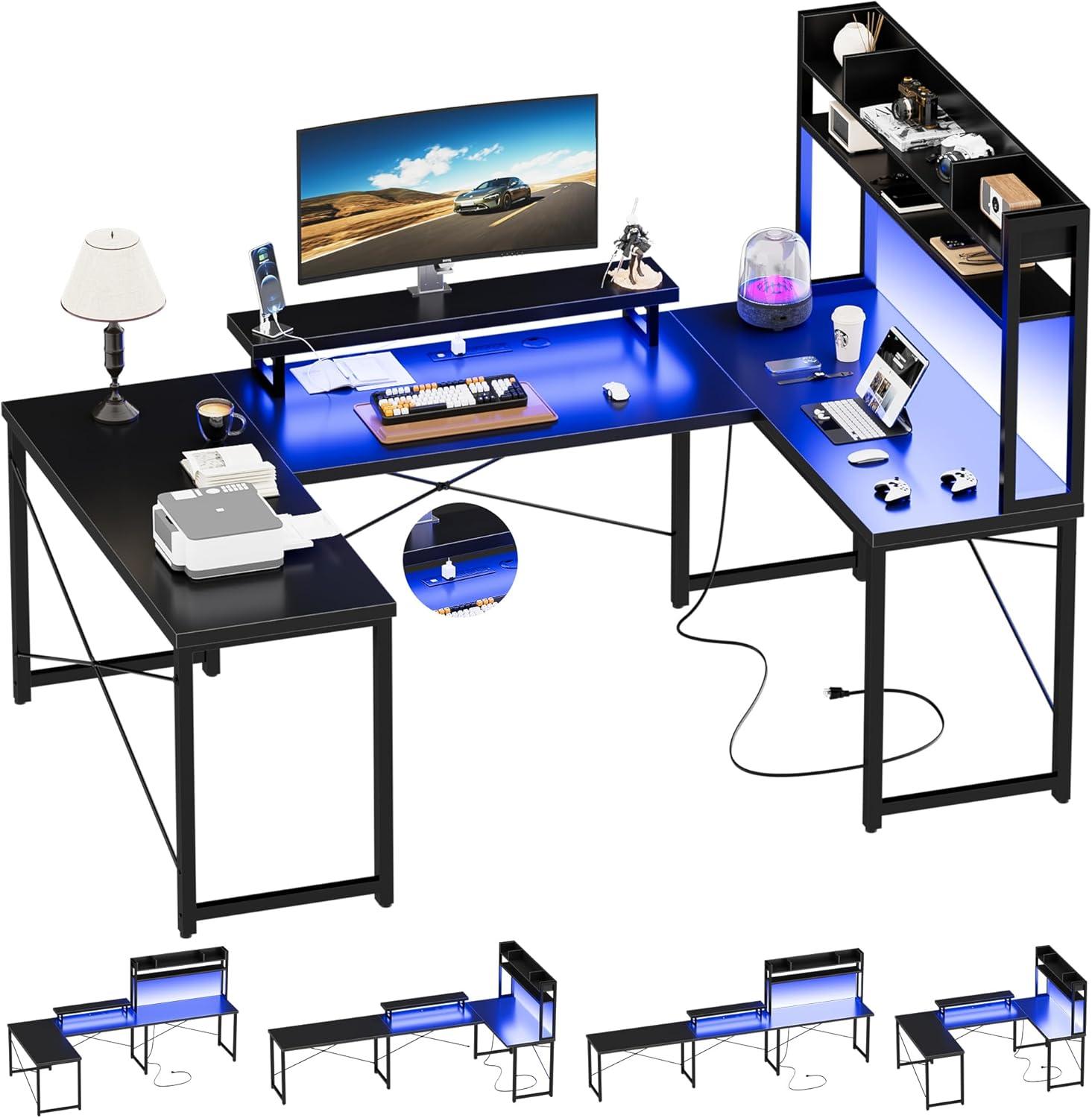 Black Semicircular Wood Computer Desk with Hutch and Power Outlets