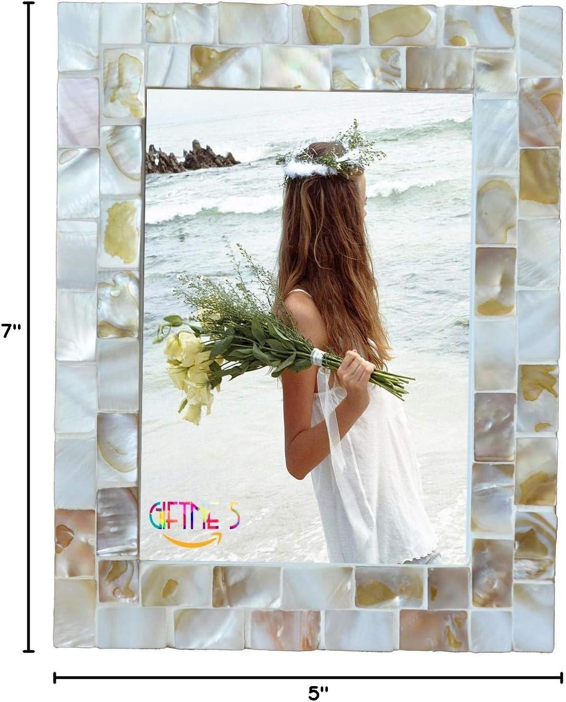 GIFTME 5 Picture Frame 5x7 Mother of Pearl Photo Frame,Beach Picture Frame Tabletop or Wall Hanging Display Frame(5x7 Natural White,1pc)