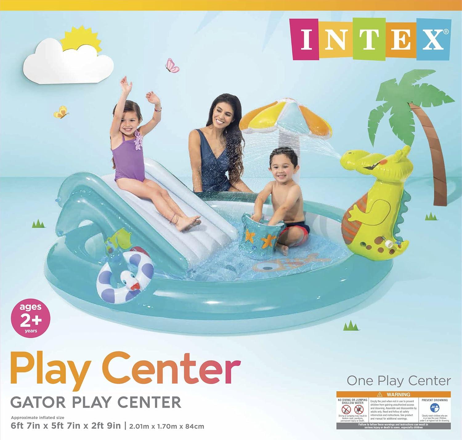 Intex 57165EP Gator 6.6ft x 5.6ft x 4in Outdoor Inflatable Kiddie Pool Water Play Center with Slide, for Toddlers Ages 2 and Up