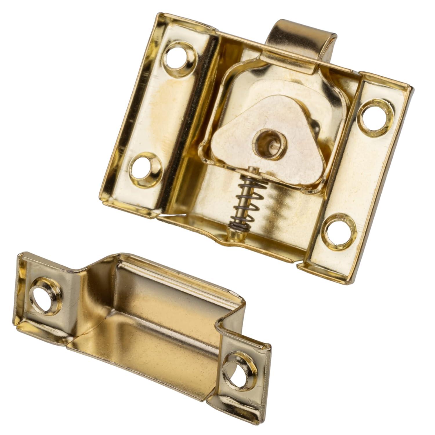Large Stamped Brass Stamped Cabinet Door Latch - 2 1/8" × 2 1/8" - Spring Loaded Cupboard Door Latch with Oval Turn - Vintage Cabinet Hardware | UA-140-LPB (1)