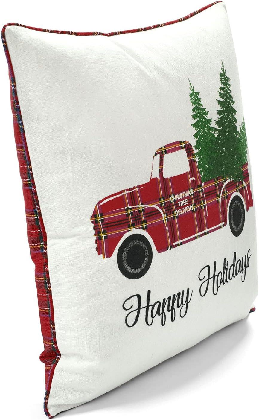 Lush Decor Lush Décor Cotton Blend, Holiday Truck Plaid Embroidery Script Decorative Pillow Cover Red Single 20 in x 20 in