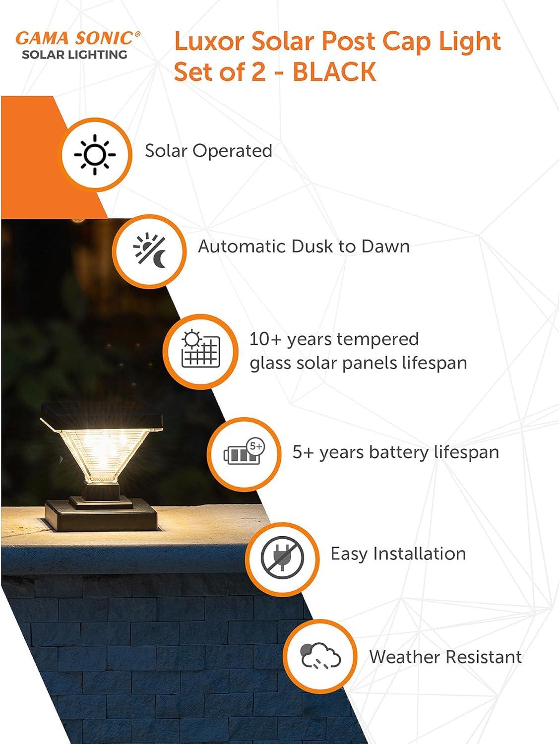 Gama Sonic Luxor Black 4x4 and 5x5 Solar LED Deck Post Cap Light with Warm White and Hi/Lo Mode for Backyard and Wood Fence(2-Pack) (Set of 2)