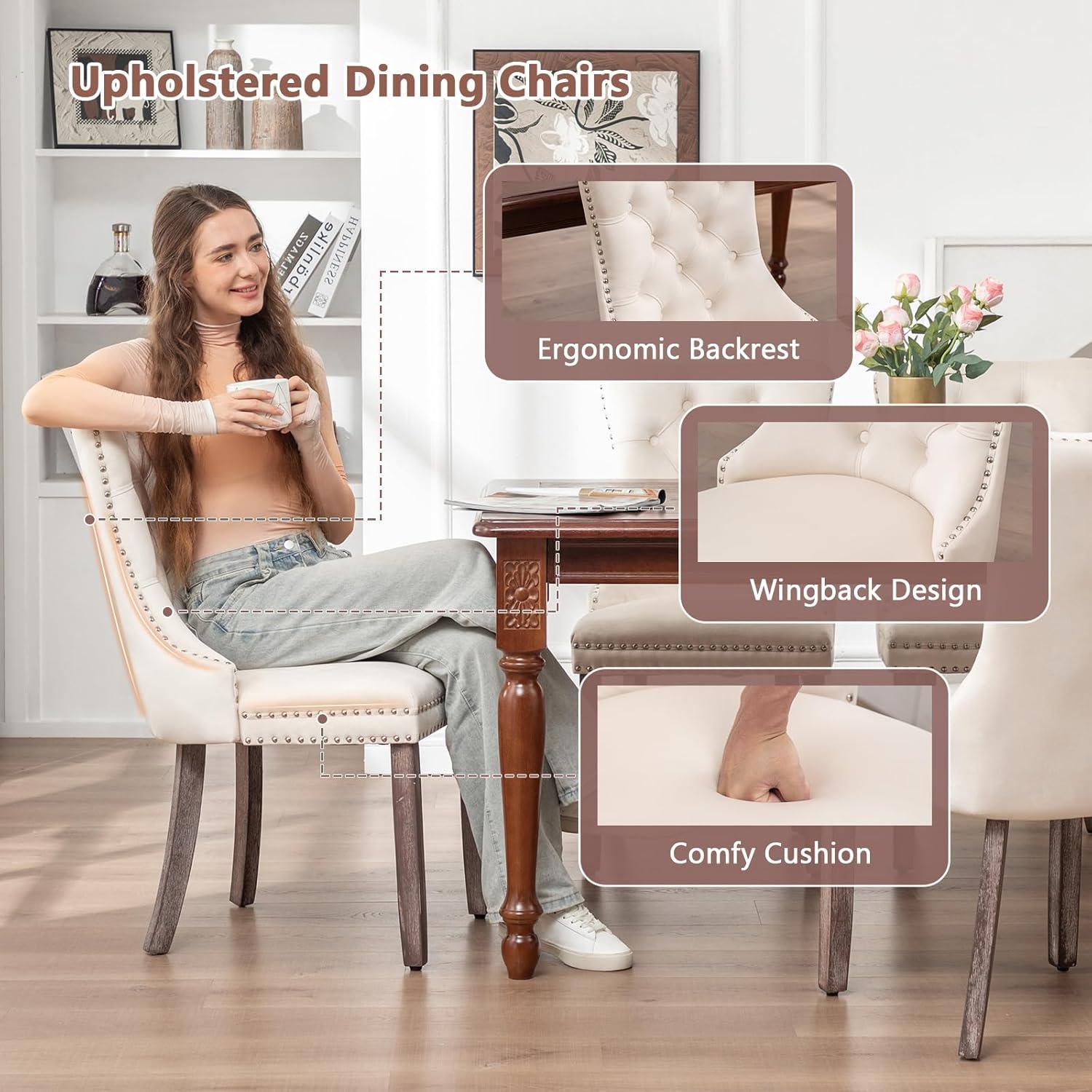 BELLEZE Upholstered Dining Chairs Set of 2, Velvet Luxury Dining Room Chairs with Button Back, Nailhead Trim, Pull-ring, Solid Wood Legs for Kitchen, Living Room, Restaurant - Chandler (Beige)