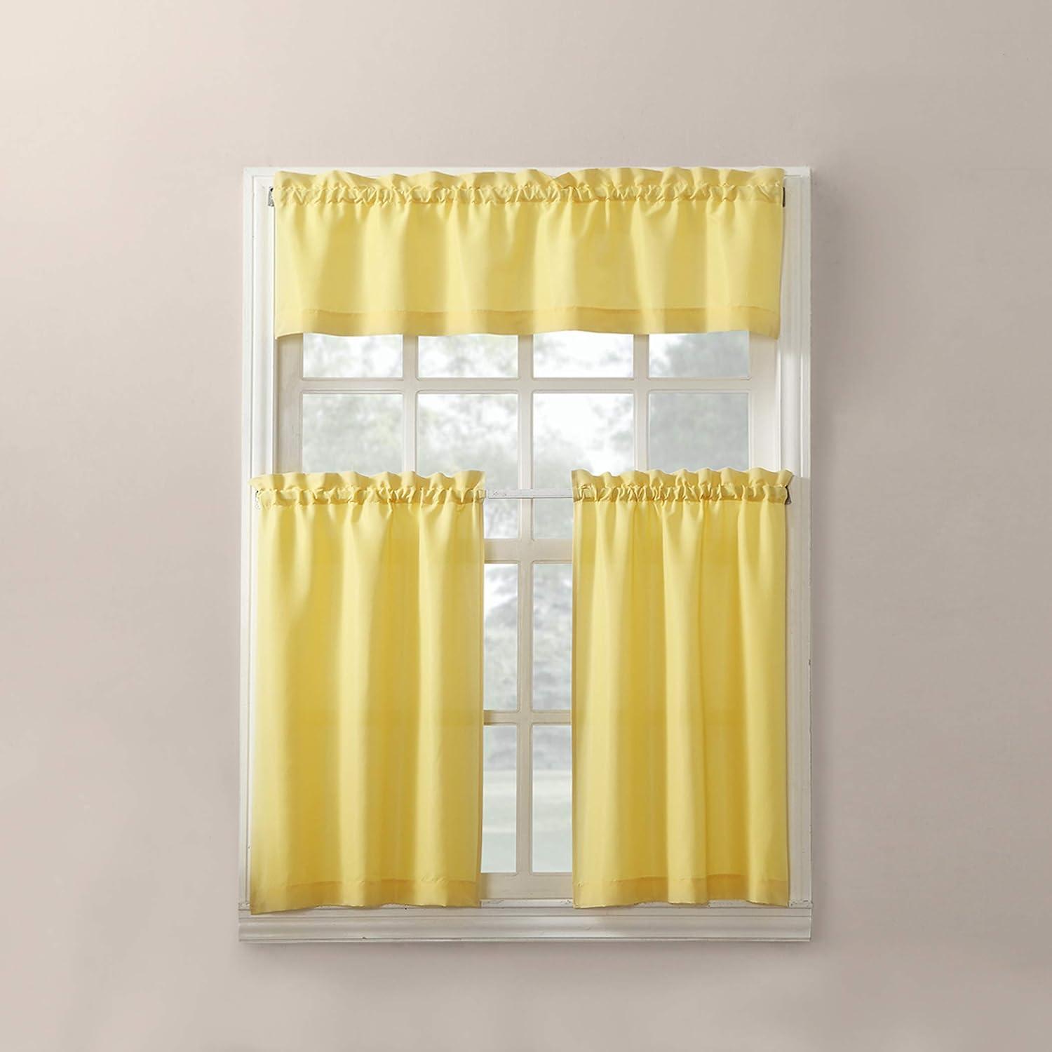 Yellow Sheer Polyester Rod Pocket Kitchen Curtain Set