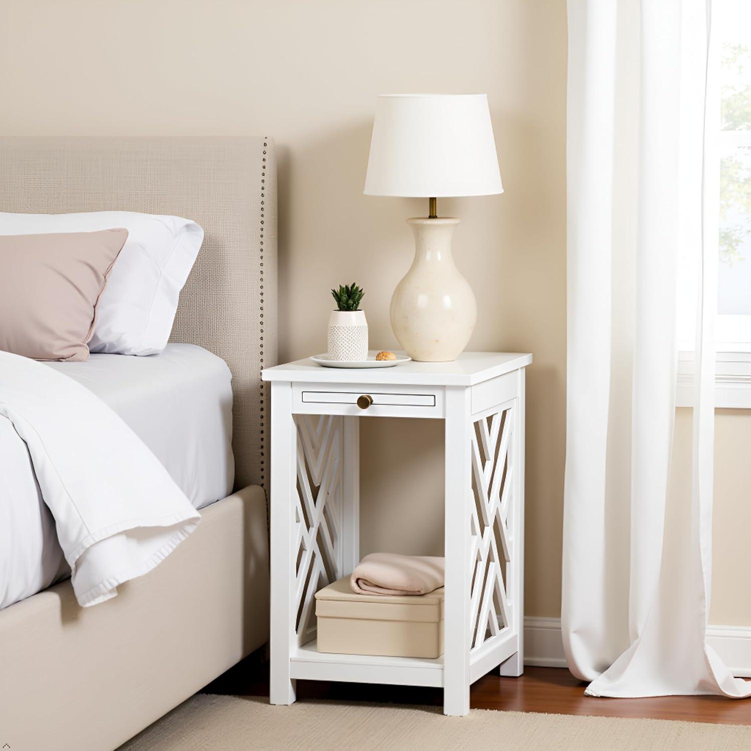 Alaterre Furniture Coventry Wood End Table with Tray and Bottom Shelf, Modern Accent Furniture, White